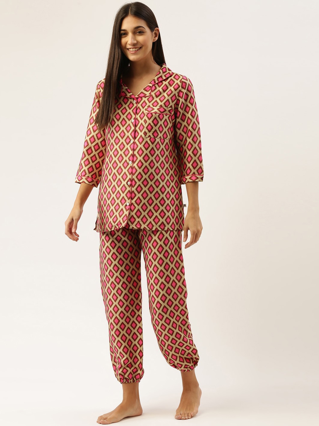 

Bannos Swagger Women Pink & Beige Printed Satin Night Suit