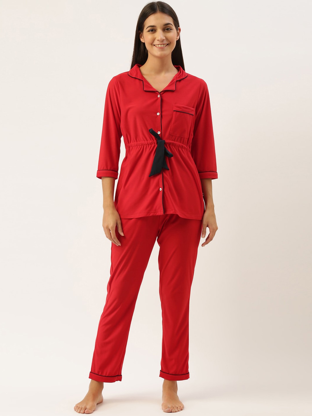 

Bannos Swagger Women Red & Blue Solid Night Suit