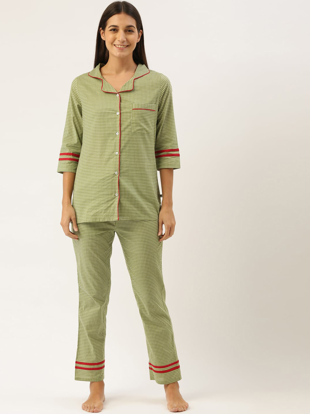 

Bannos Swagger Women Green & White Checked Cotton Night Suits