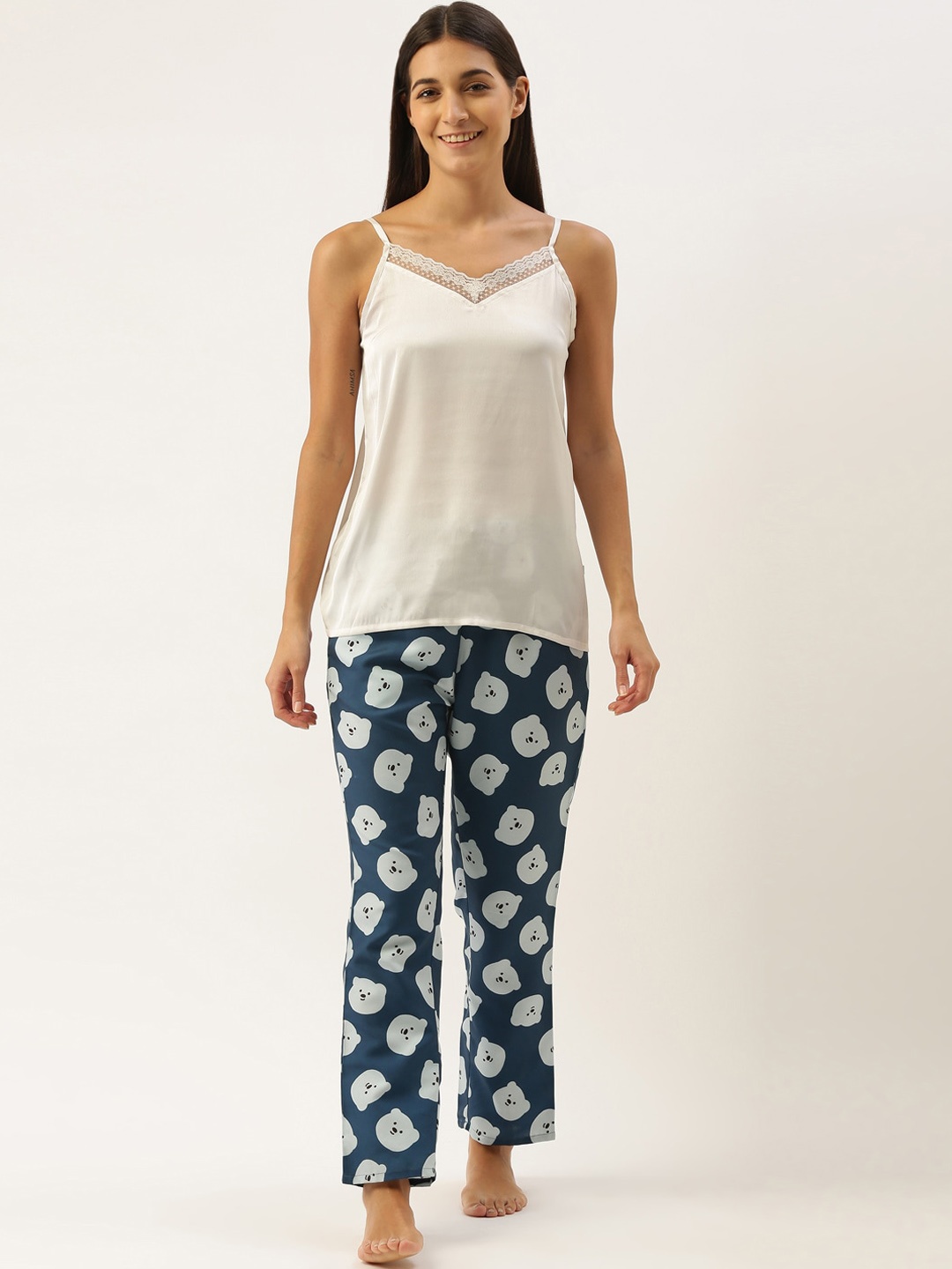 

Bannos Swagger Women White & Navy Blue Printed Night suit
