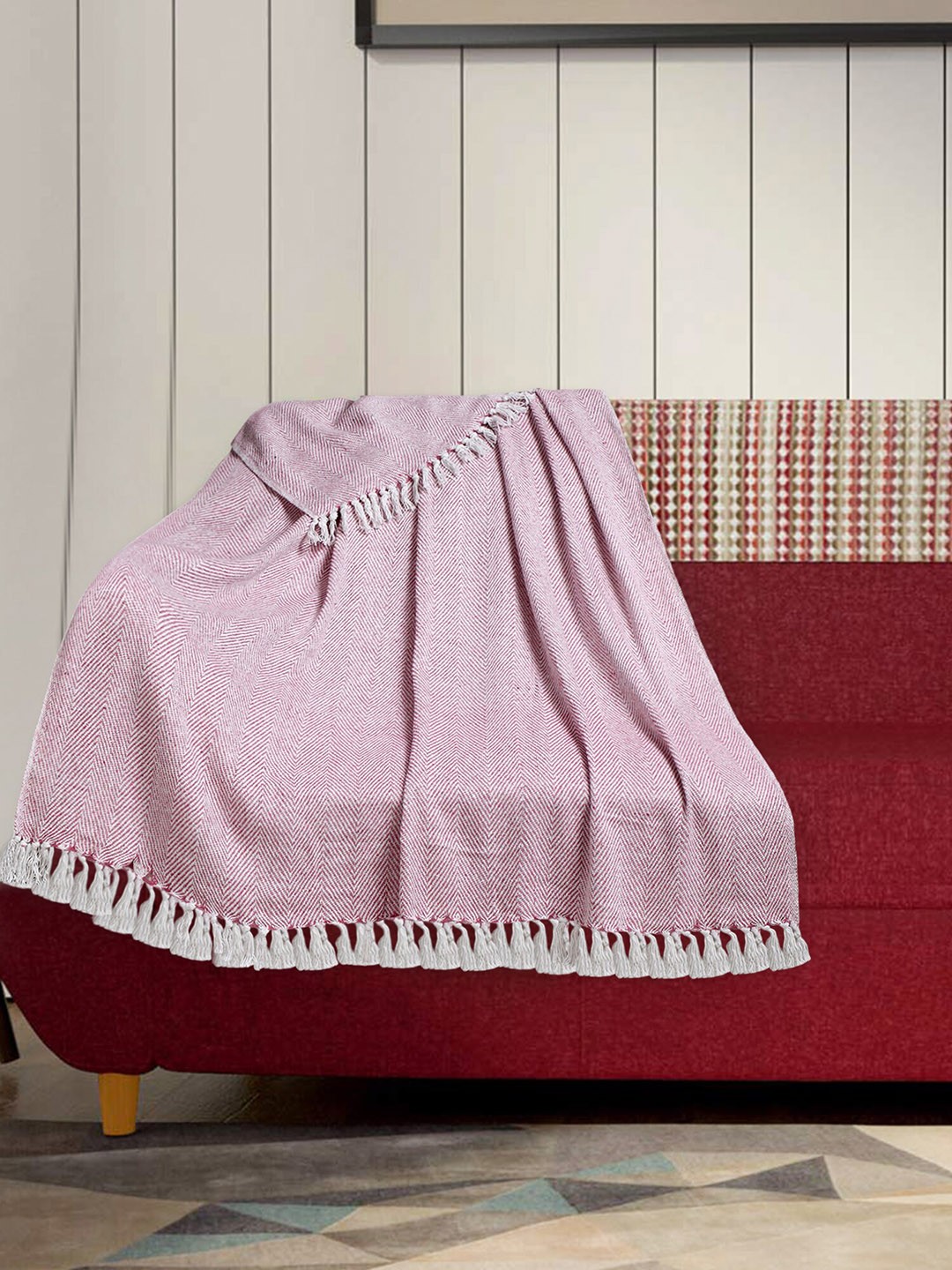

Mezposh Acoustic Pastel Pink & White Chevron Pattern Polycotton Sofa Throw With Tassels