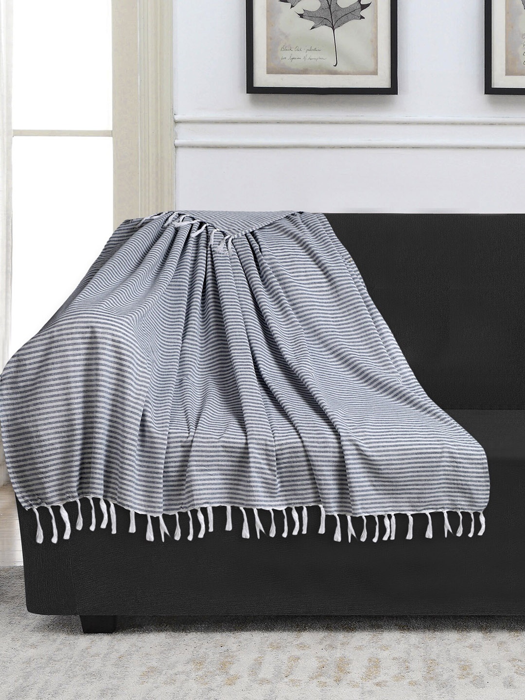 

Mezposh White & Blue Striped Pattern Pure Cotton Sofa Throw