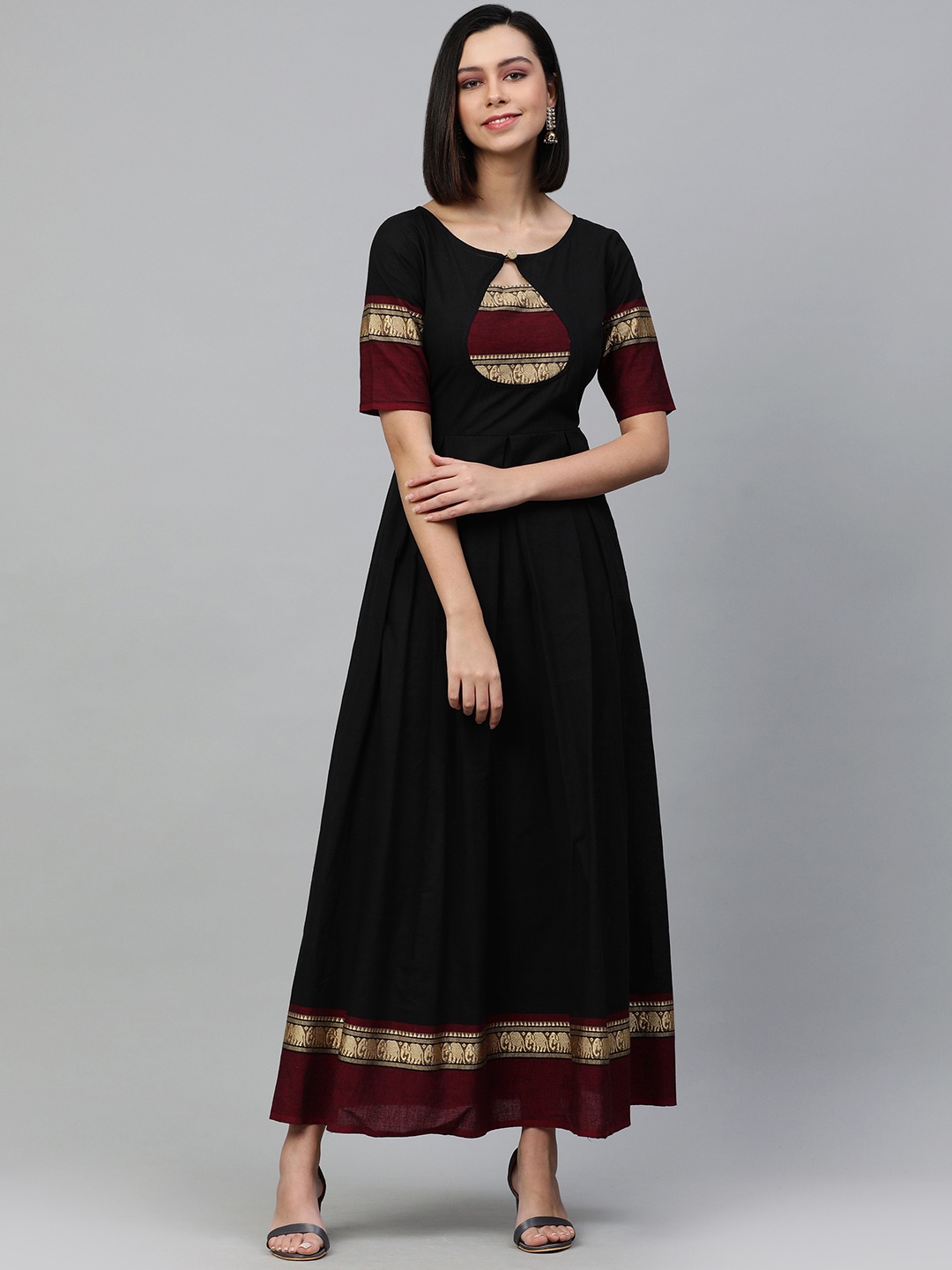 

Swishchick Black Yoke Design Keyhole Neck Cotton Ethnic Maxi Dress