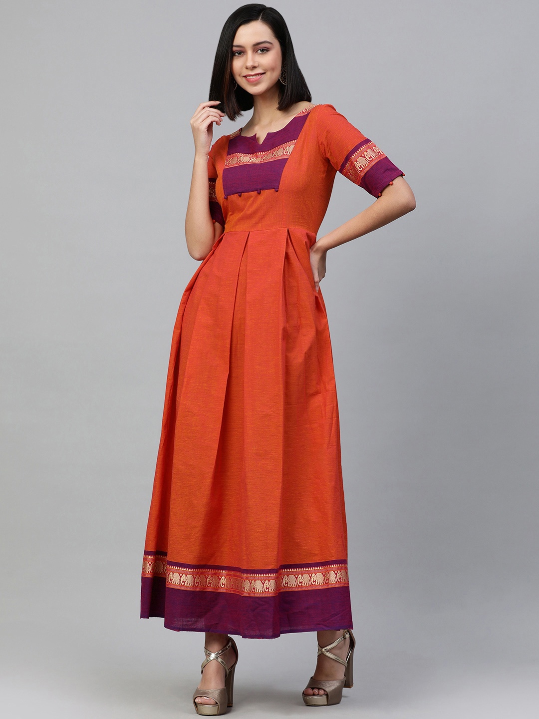 

Swishchick Rust Orange Yoke Design Cotton Ethnic Maxi Dress