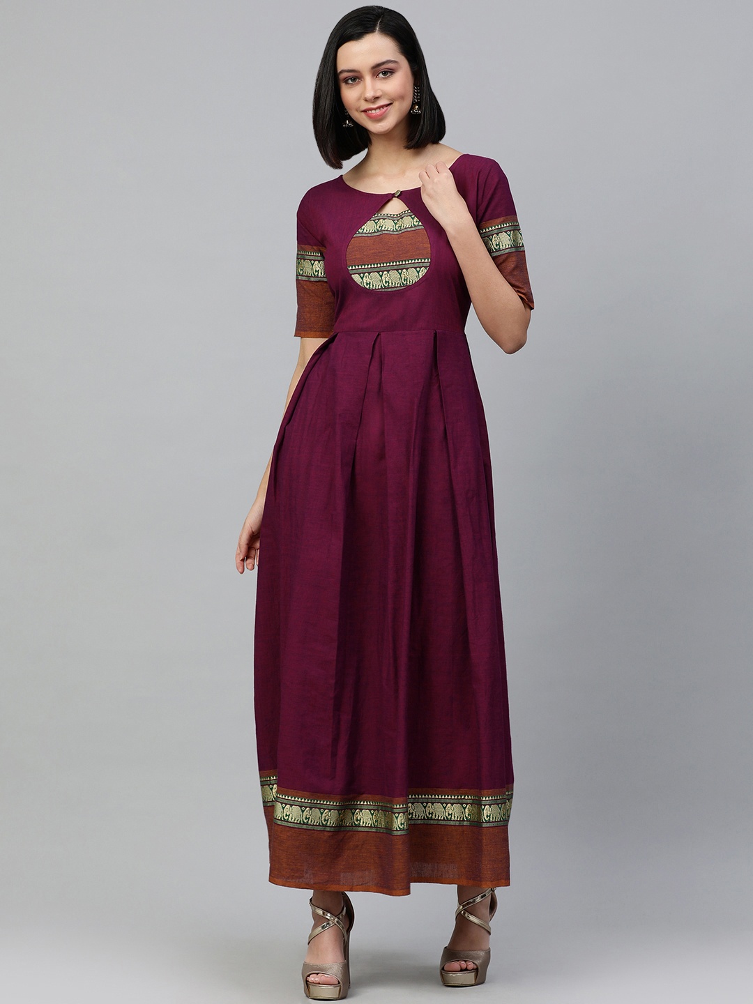 

Swishchick Burgundy Yoke Design Keyhole Neck Cotton Ethnic Maxi Dress