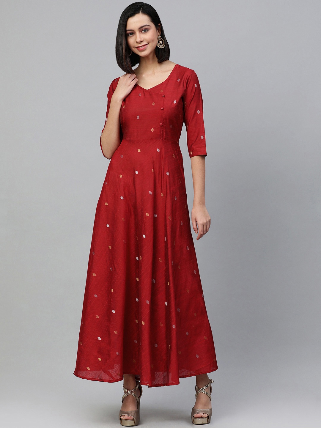 

Swishchick Maroon & White Woven Design Cotton Ethnic Maxi Dress