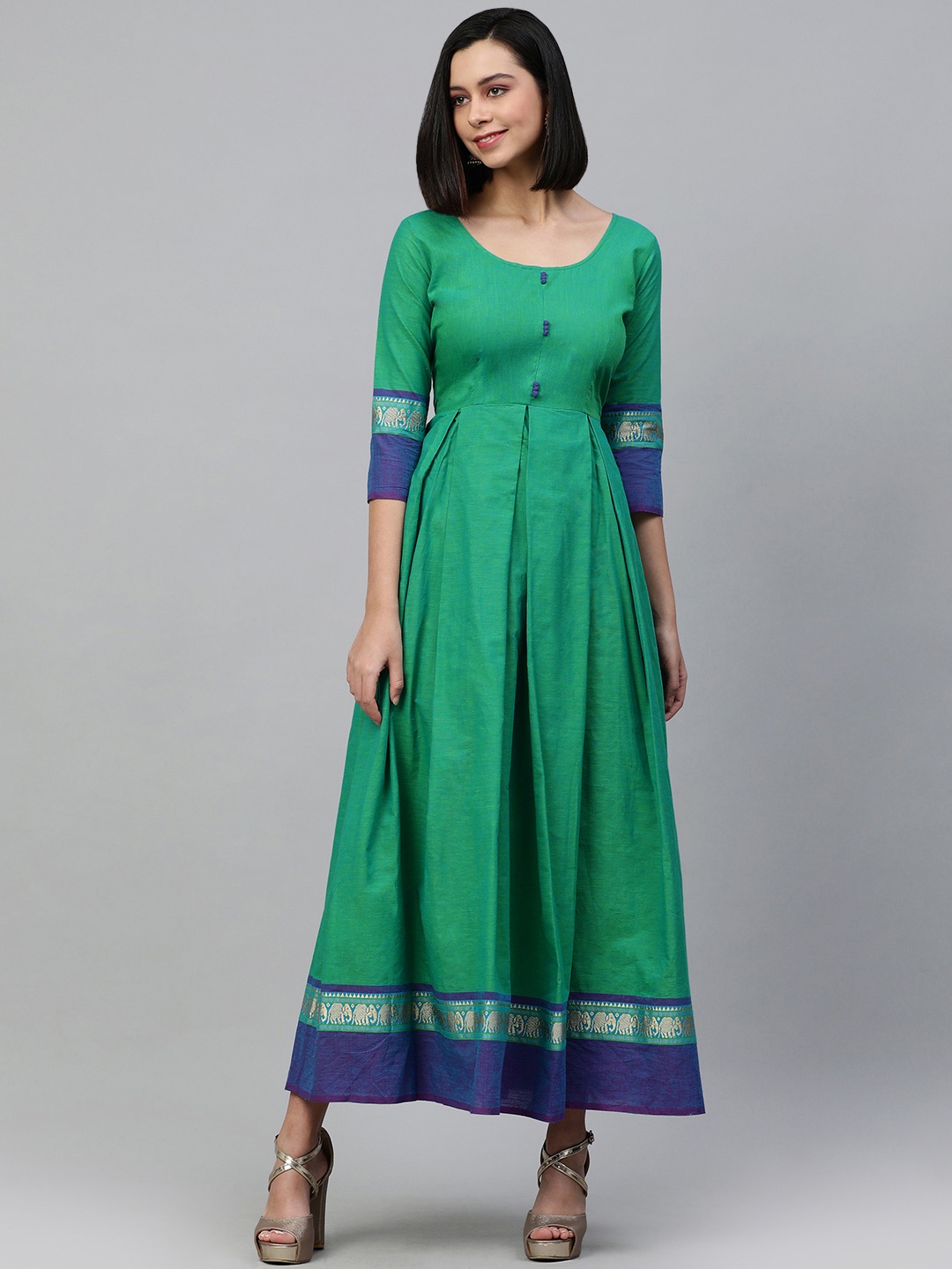 

Swishchick Green Solid Cotton Ethnic Maxi Dress