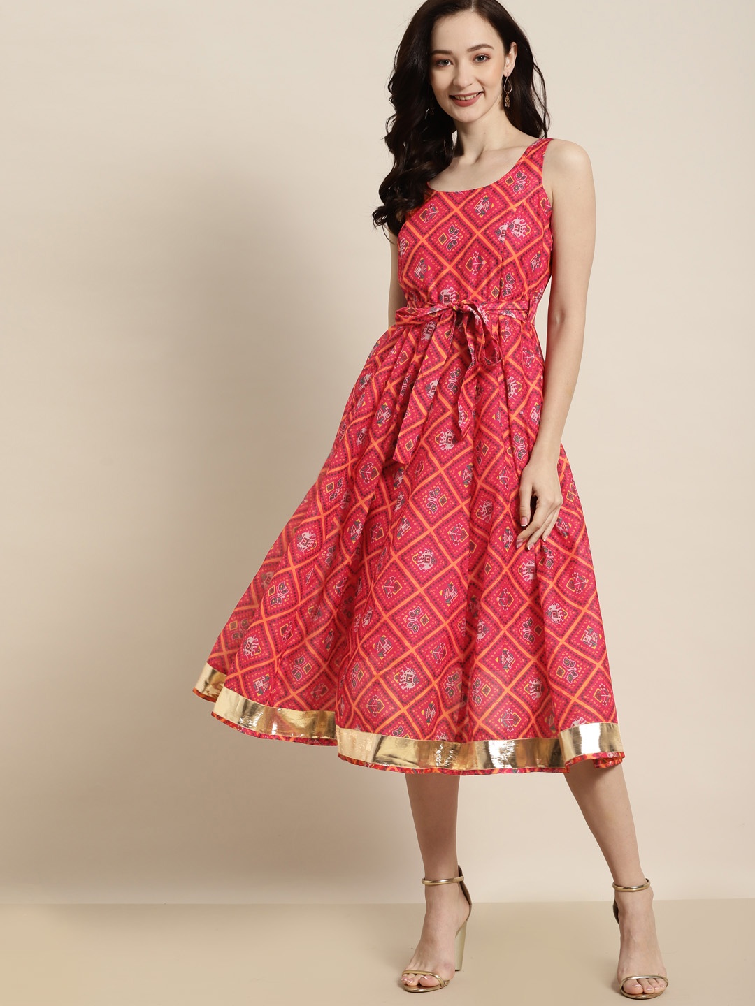 

Shae by SASSAFRAS Pink & Green Patola Sleeveless Anarkali Dress