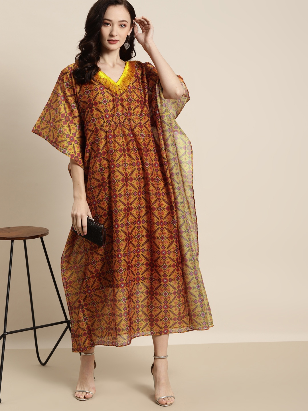 

Shae by SASSAFRAS Mustard Yellow & Green Patola Kaftan Dress With Slip