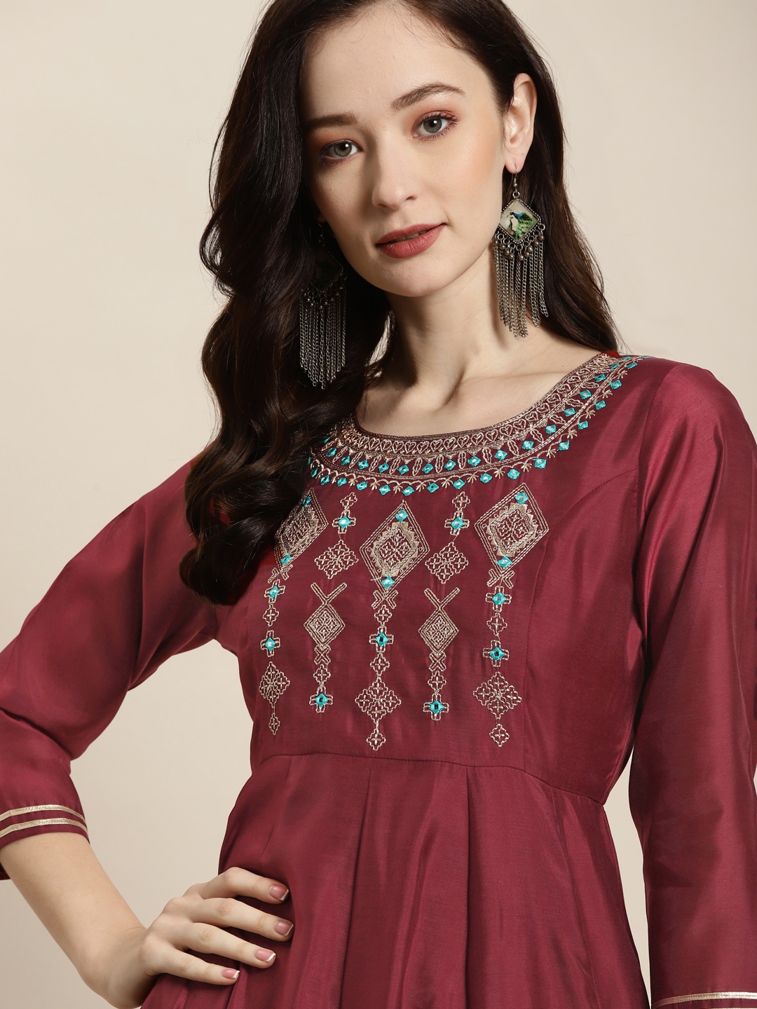 

Shae by SASSAFRAS Maroon Chanderi Embroidered Anarkali Dress