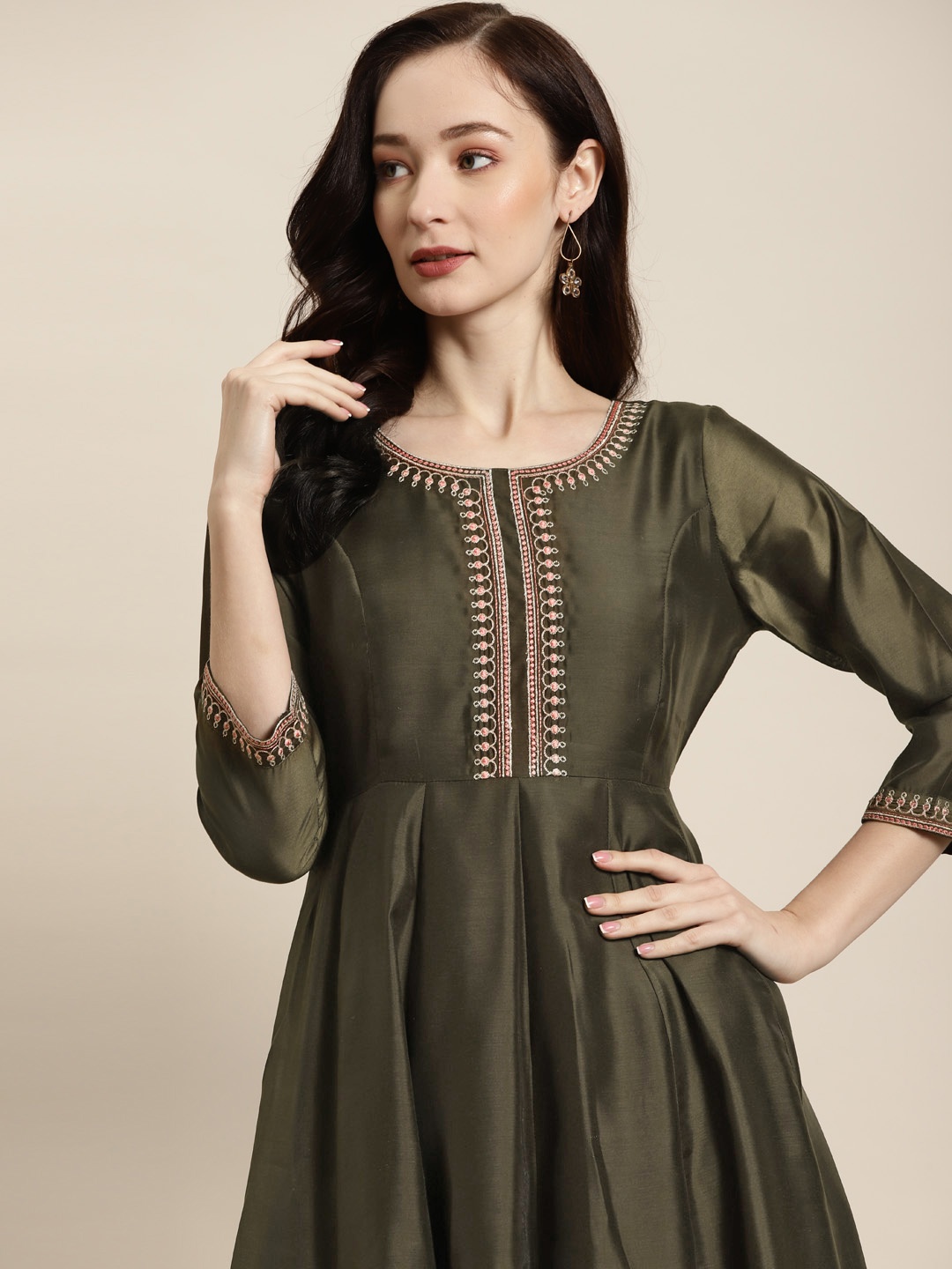 

Shae by SASSAFRAS Olive Green Chanderi Embroidered Anarkali Dress