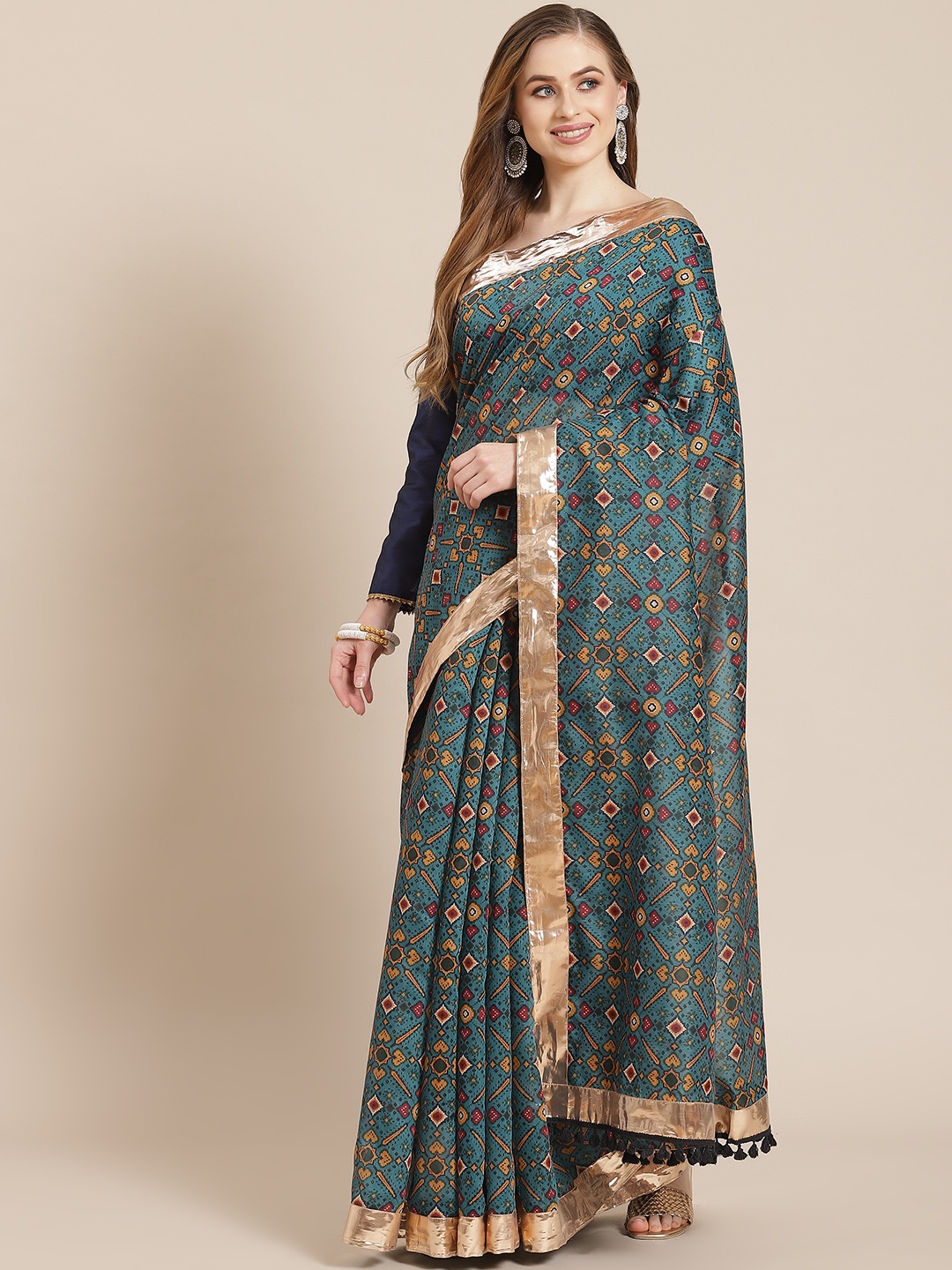 

Shae by SASSAFRAS Teal Green & Maroon Ethnic Motifs Print Gotta Patti Patola Saree
