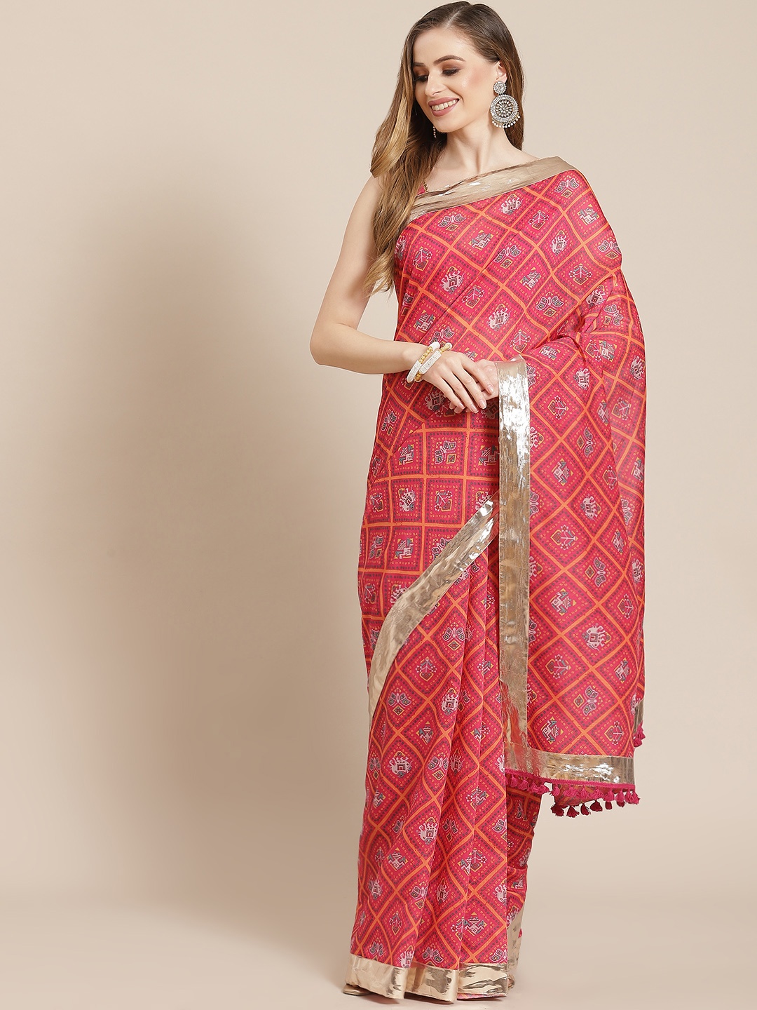 

Shae by SASSAFRAS Pink & Green Ethnic Motifs Print Gotta Patti Patola Saree