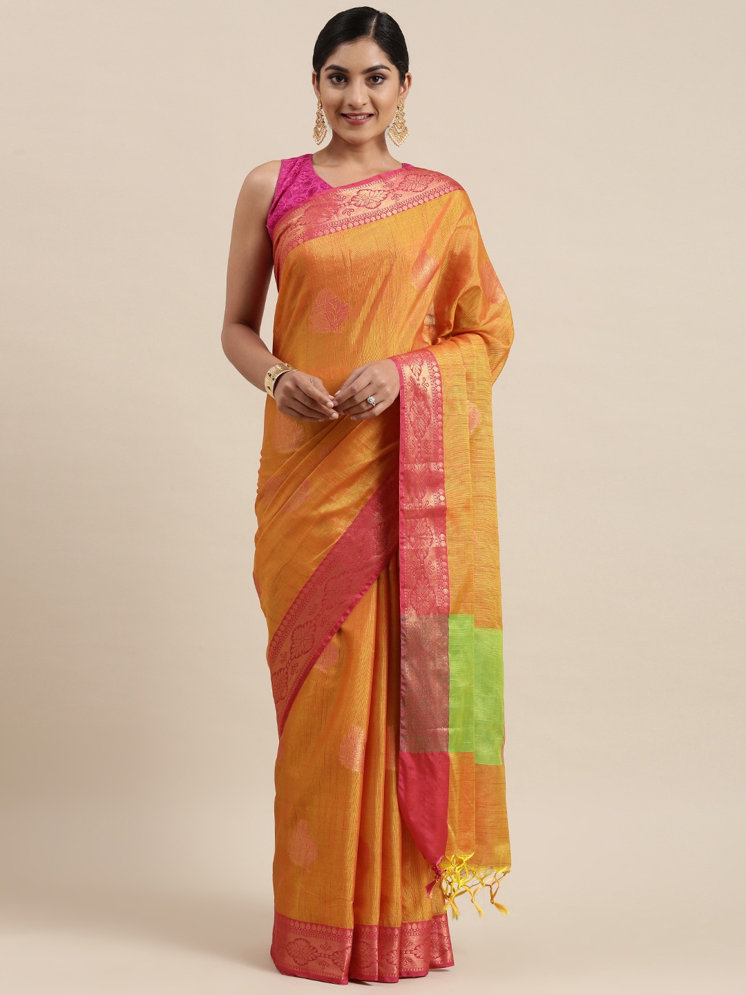 

Pothys Orange Ethnic Motifs Zari Jute Silk Saree