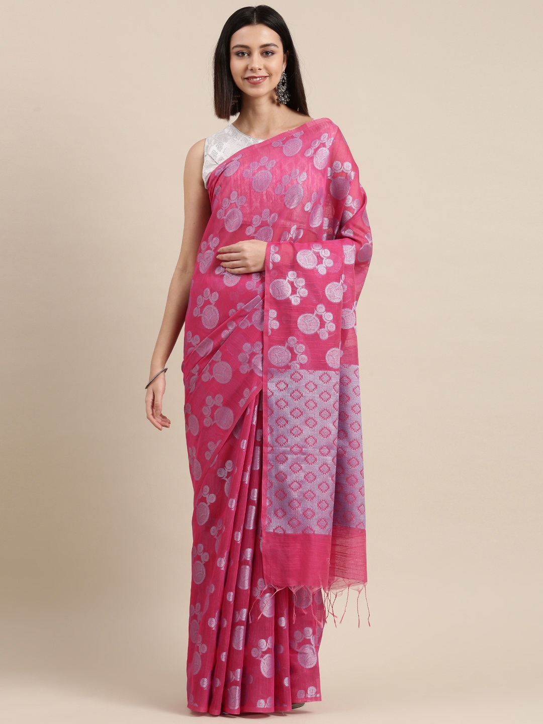 

Pothys Pink Ethnic Motifs Zari Jute Silk Saree