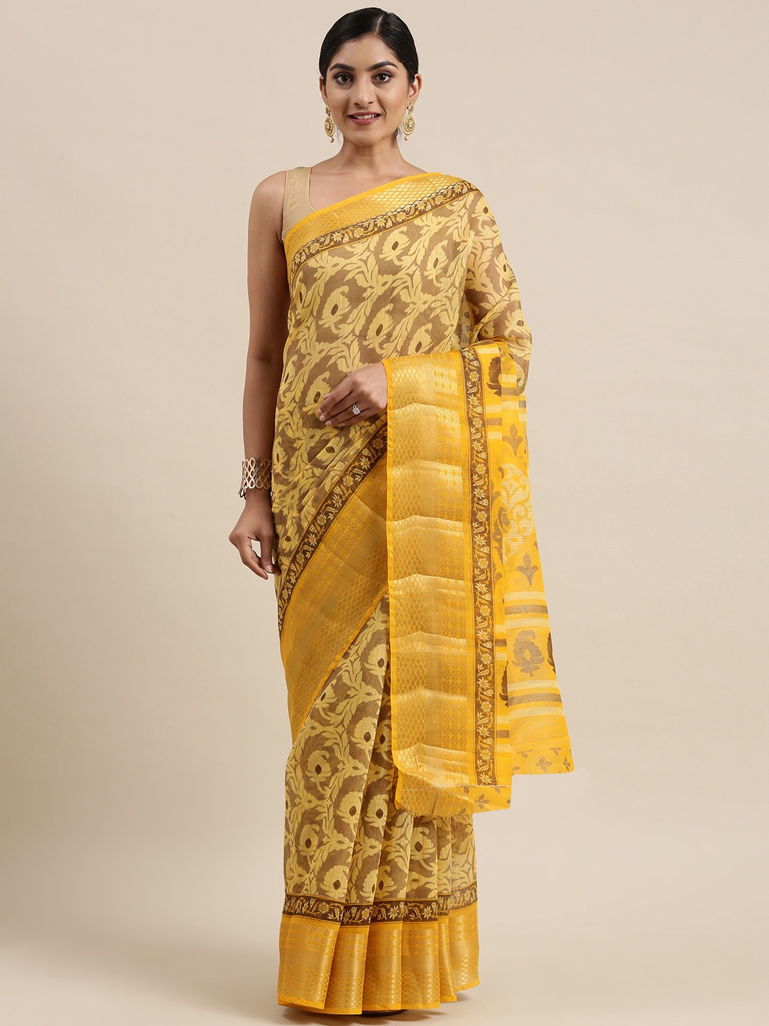 

Pothys Yellow Ethnic Motifs Zari Jute Silk Saree