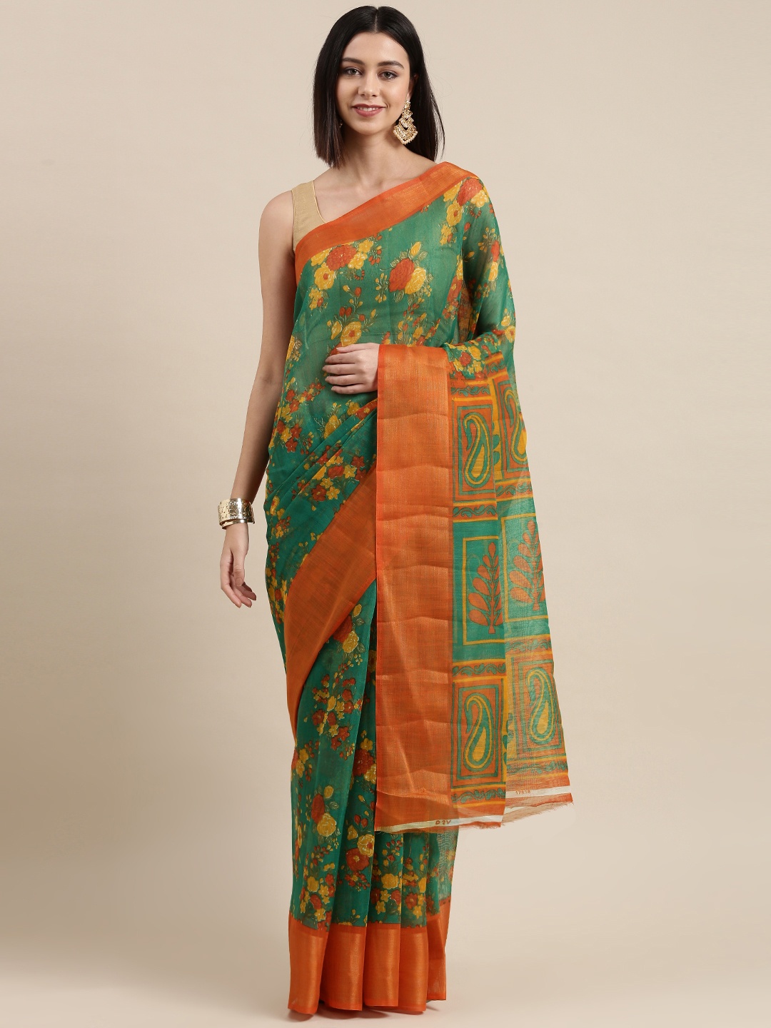 

Pothys Green & Red Floral Jute Silk Saree