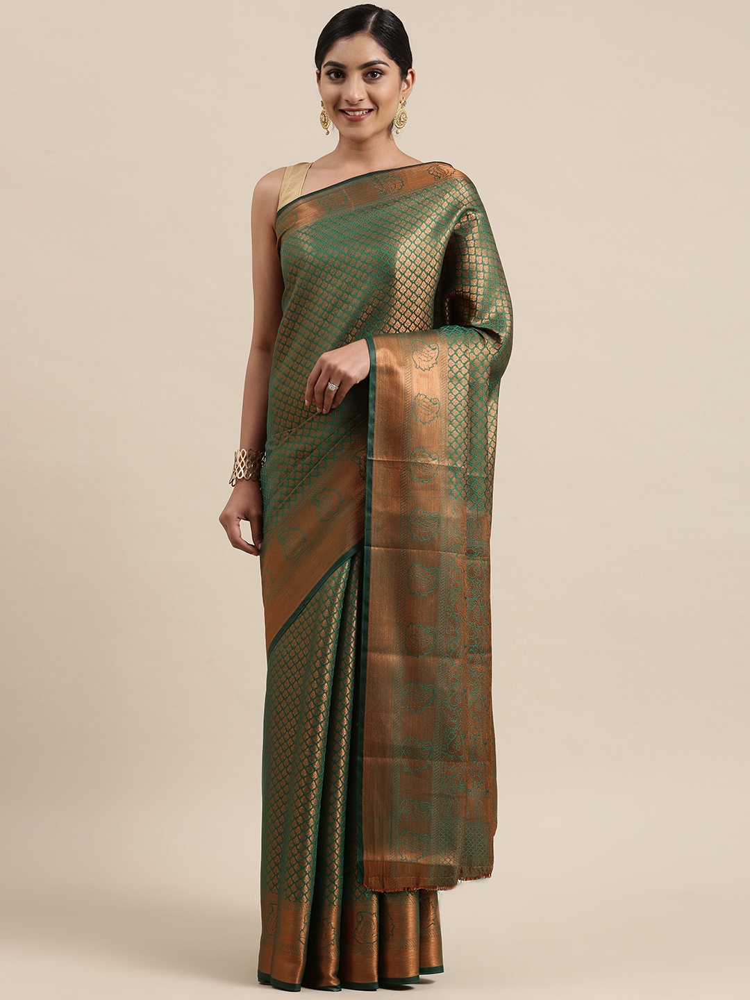 

Pothys Green & Copper-Toned Ethnic Motifs Zari Jute Silk Saree