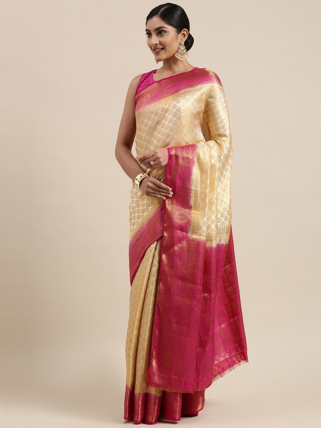 

Pothys Beige & Pink Ethnic Motifs Zari Jute Silk Saree
