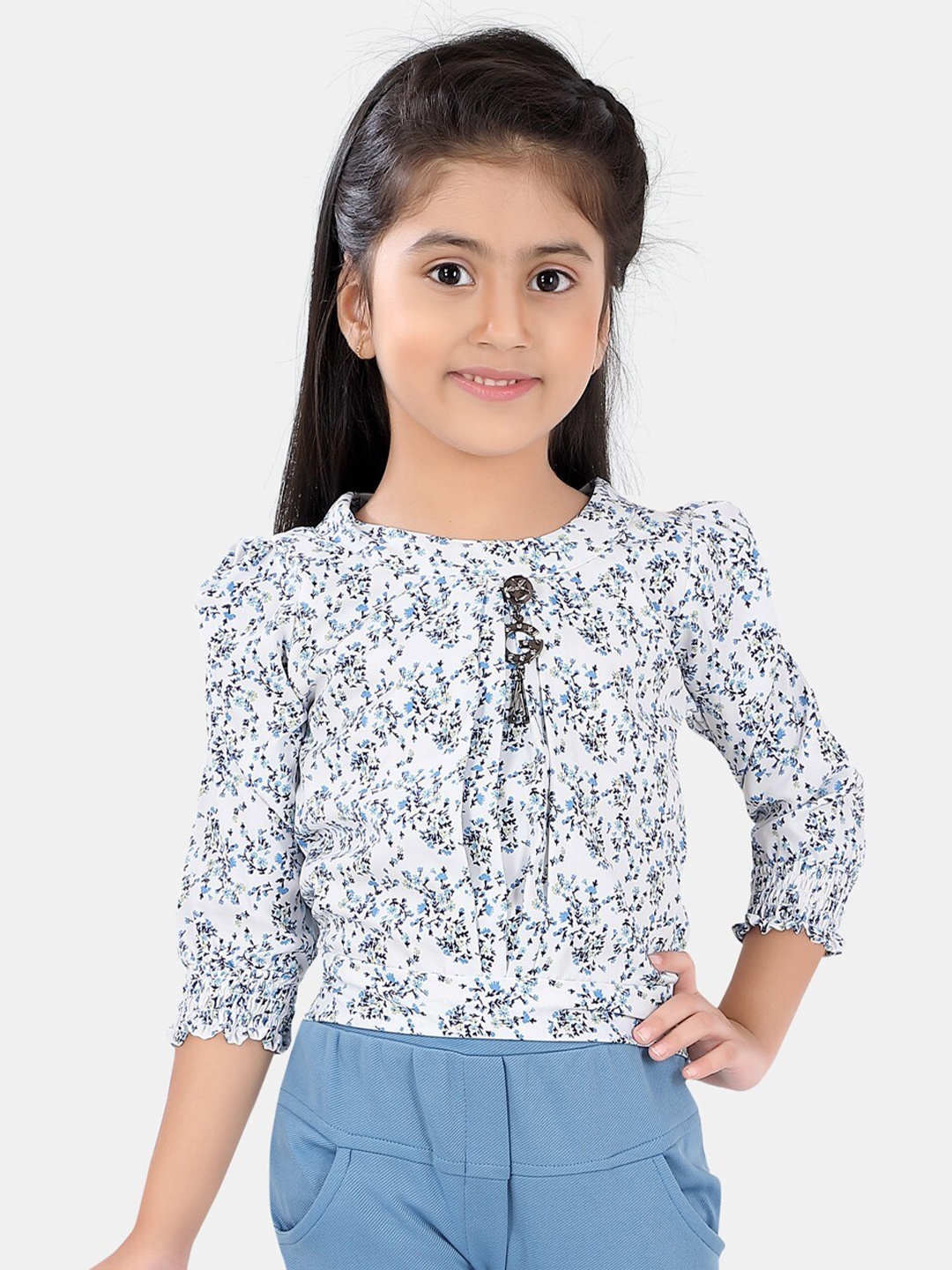 

POPLINS Blue Floral Print Mandarin Collar Top