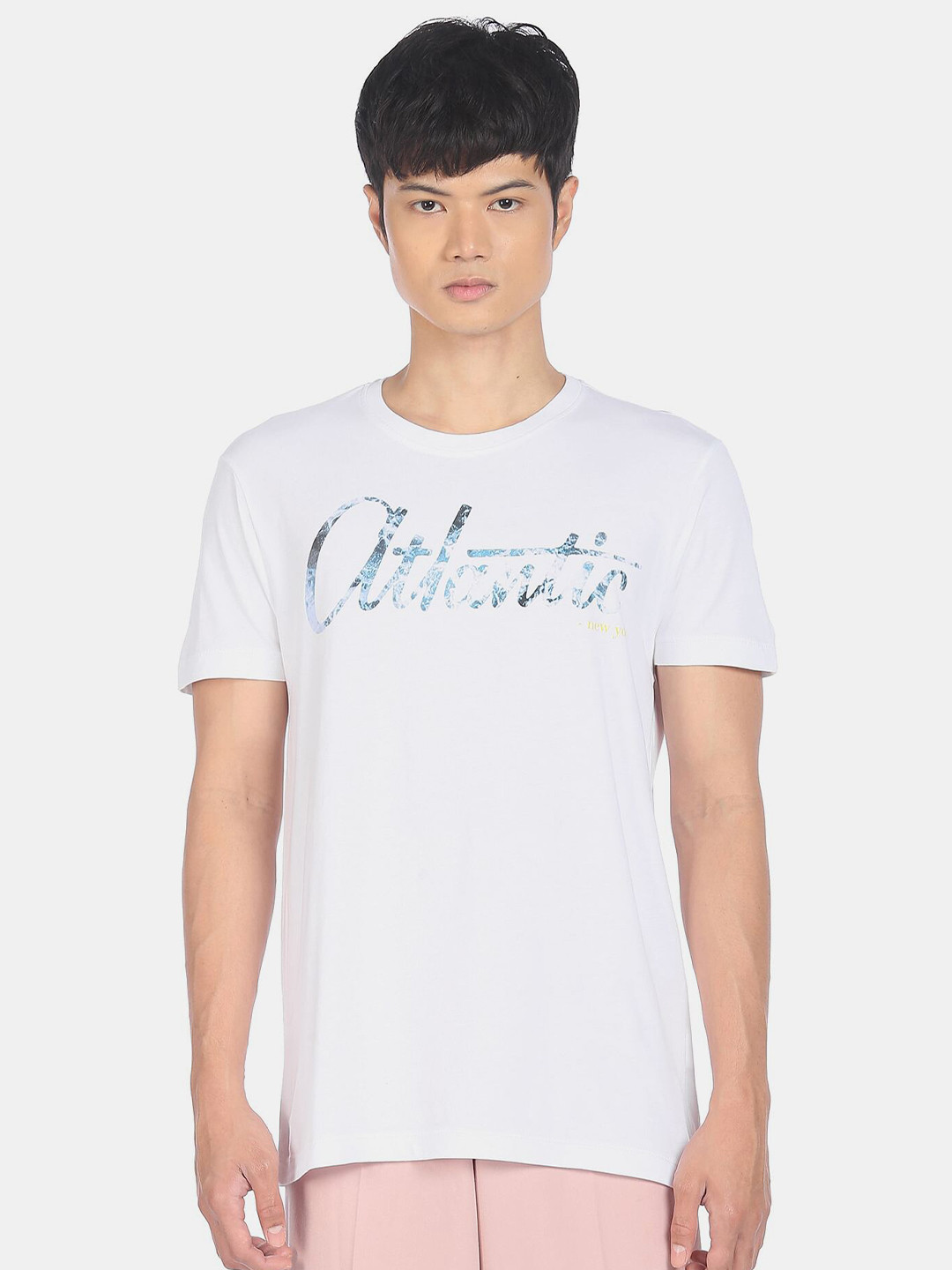 

Arrow Men White Typography Printed V-Neck Applique T-shirt