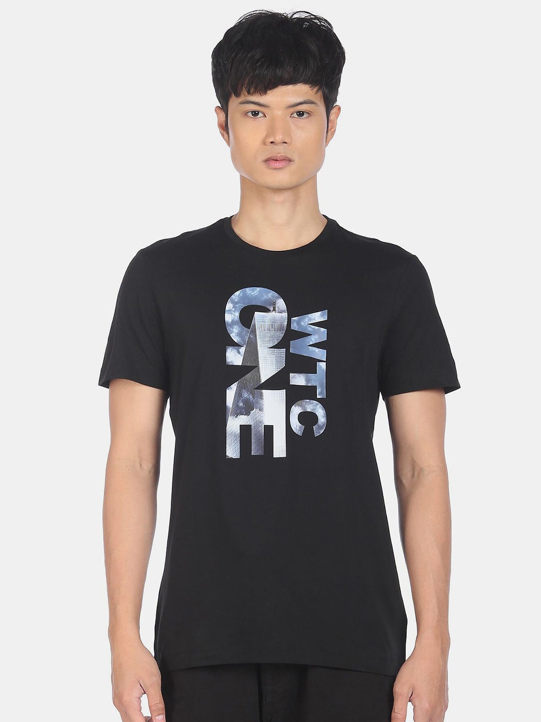Arrow Men Black & Blue Typography Printed Pure Cotton T-shirt
