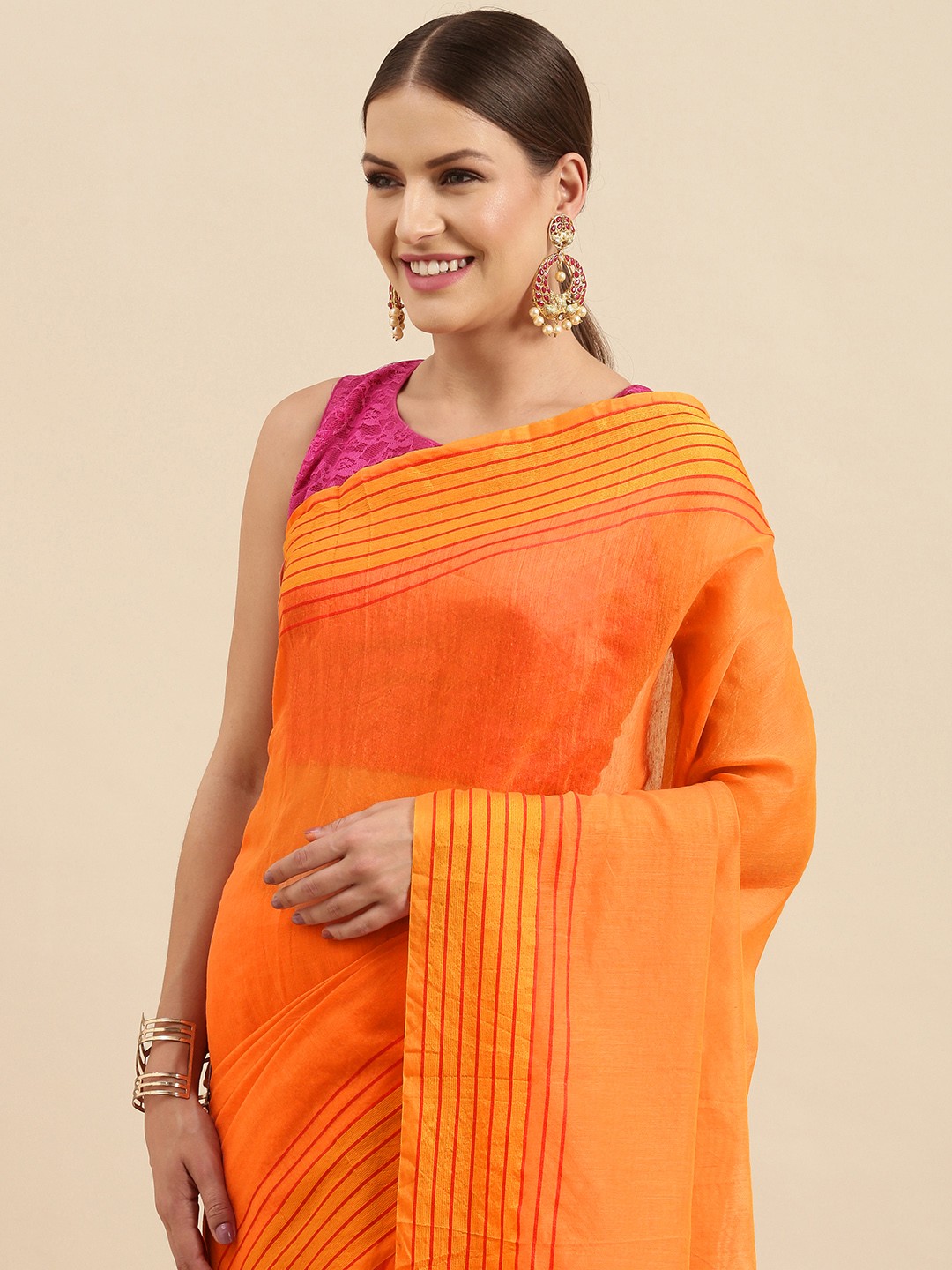 

Anouk Orange & Red Striped Silk Blend Banarasi Saree