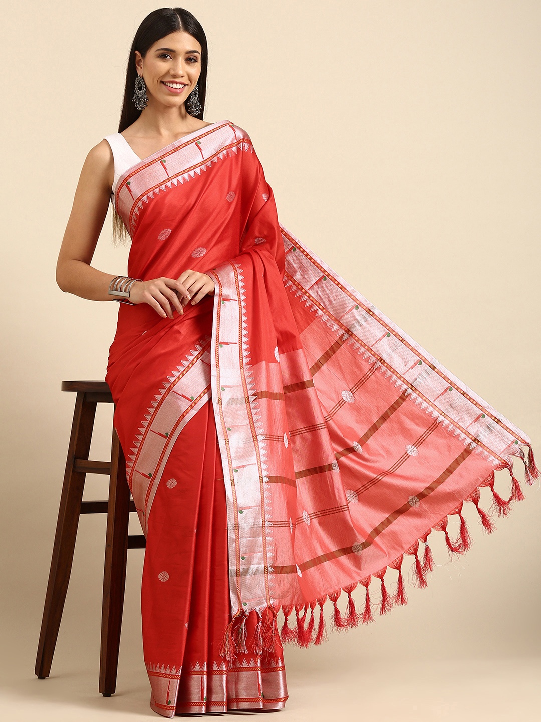 

Anouk Coral & Grey Woven Design Silk Blend Banarasi Saree