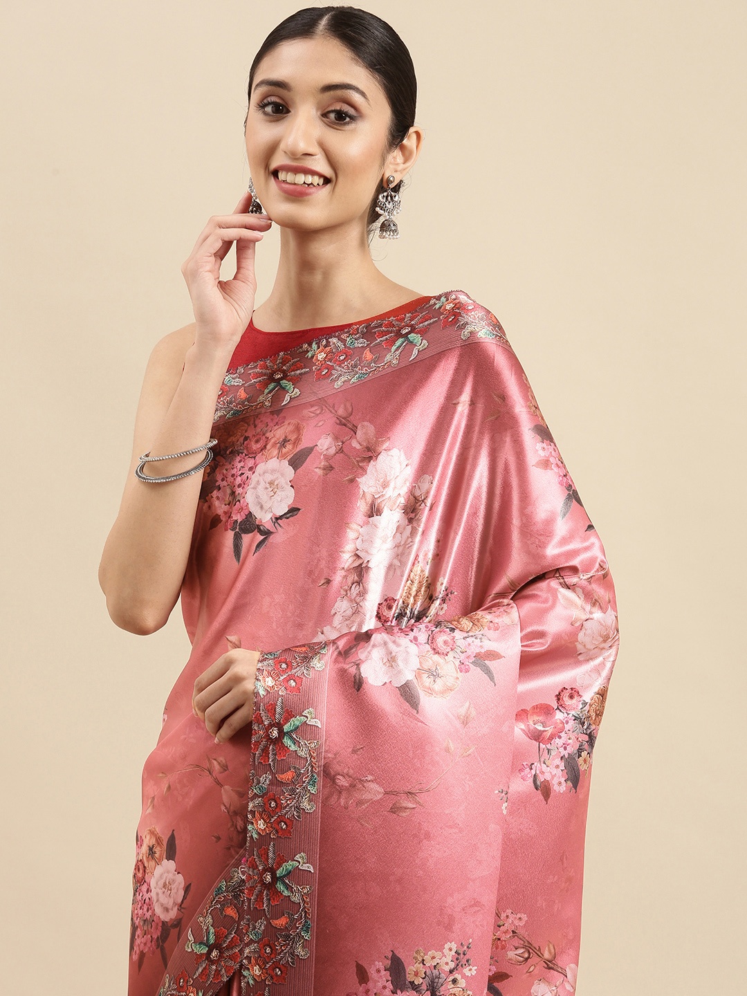 

Anouk Pink & Maroon Floral Print Satin Bhagalpuri Saree