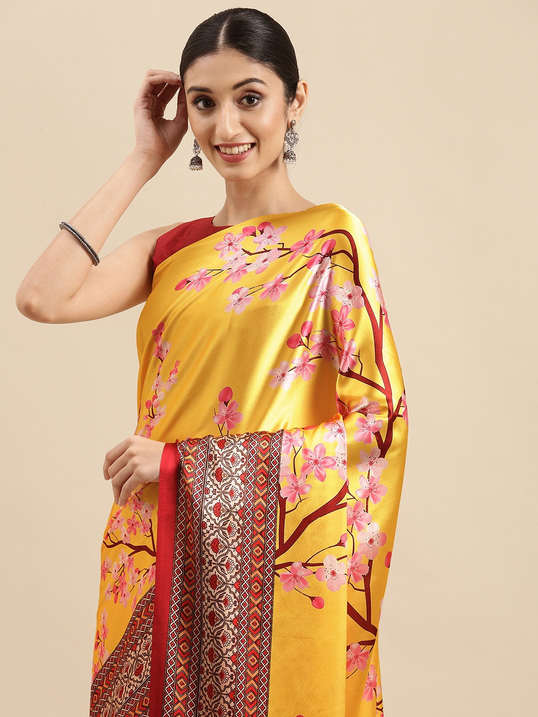 

Anouk Yellow & Pink Floral Print Satin Bhagalpuri Saree