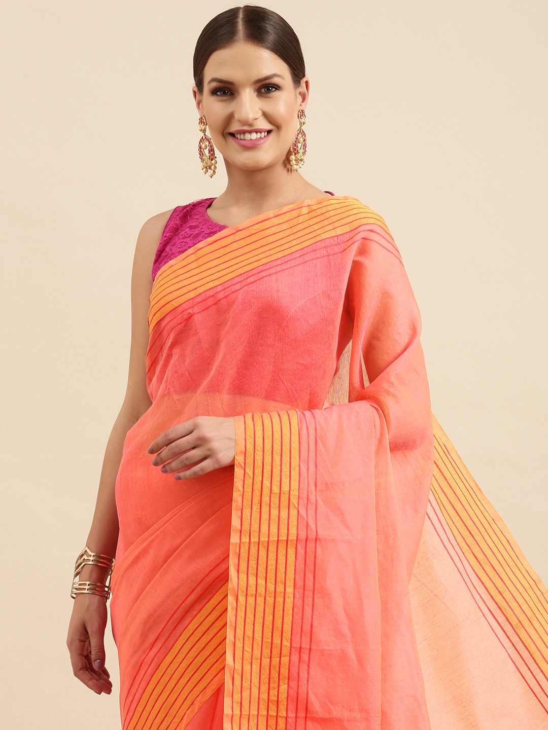 

Anouk Pink & Yellow Striped Silk Blend Banarasi Saree