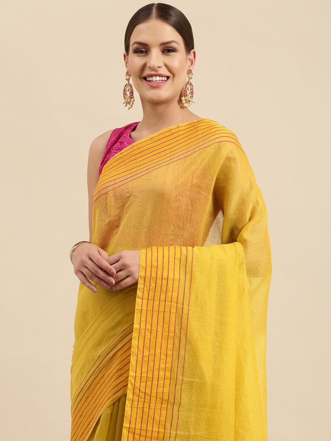 

Anouk Olive Green & Yellow Striped Silk Blend Banarasi Saree