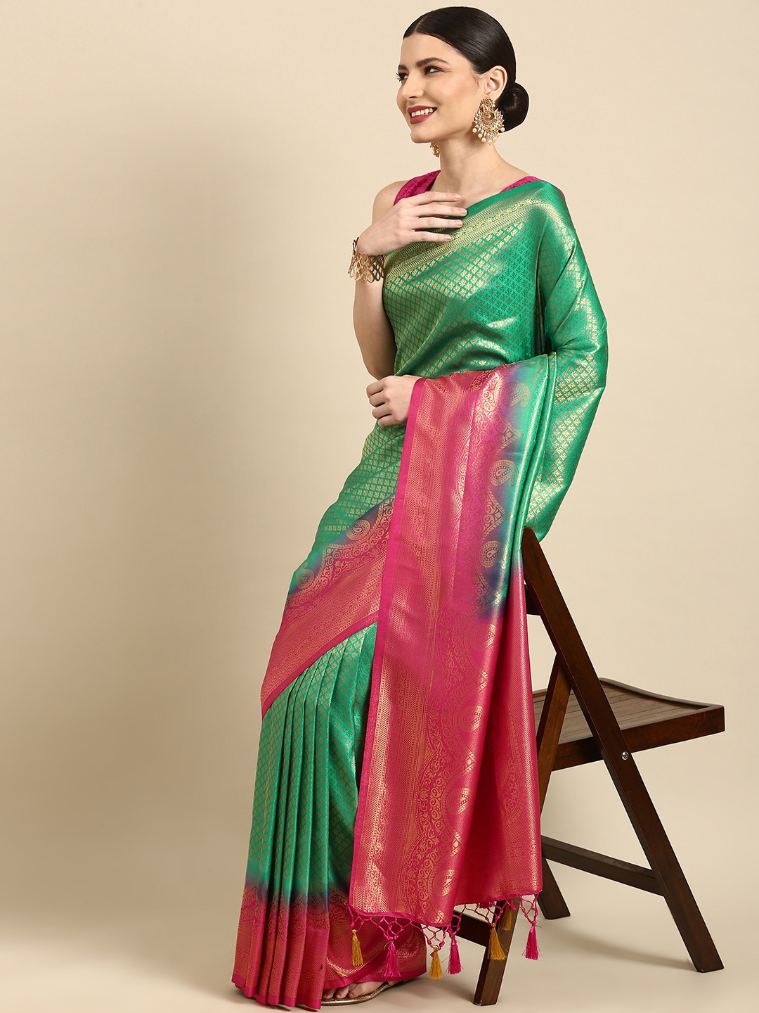 

Anouk Green & Pink Ethnic Motifs Woven Design Silk Blend Banarasi Saree
