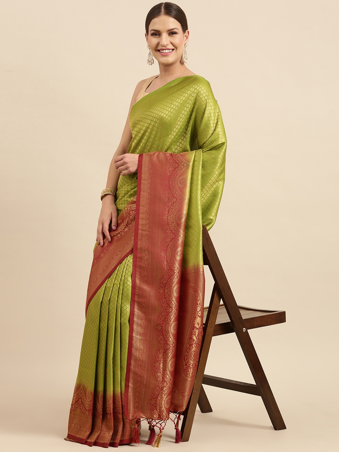 

Anouk Green & Maroon Ethnic Motifs Woven Design Silk Blend Banarasi Saree