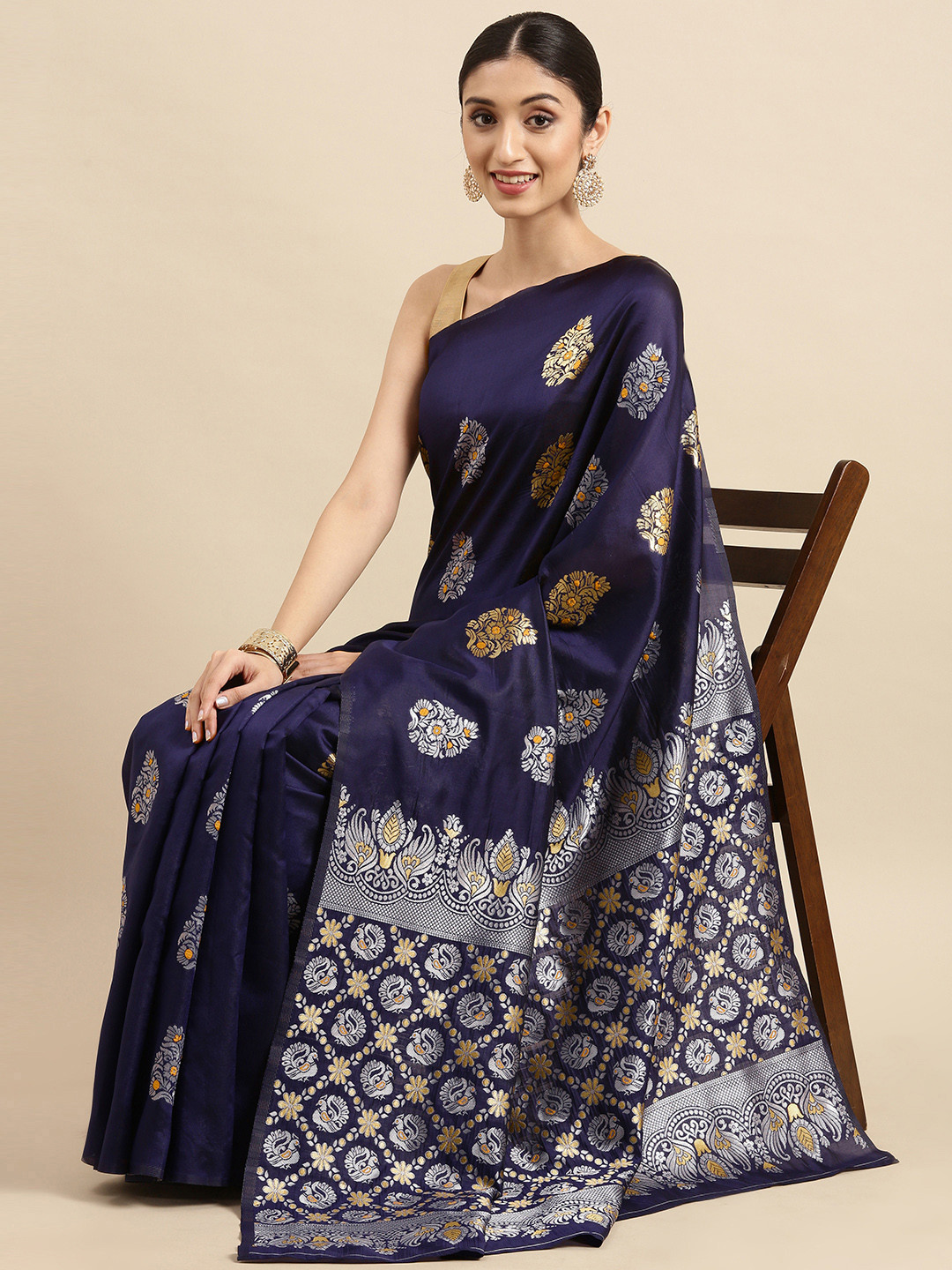 

Anouk Navy Blue & Grey Ethnic Motifs Woven Design Silk Blend Kanjeevaram Saree