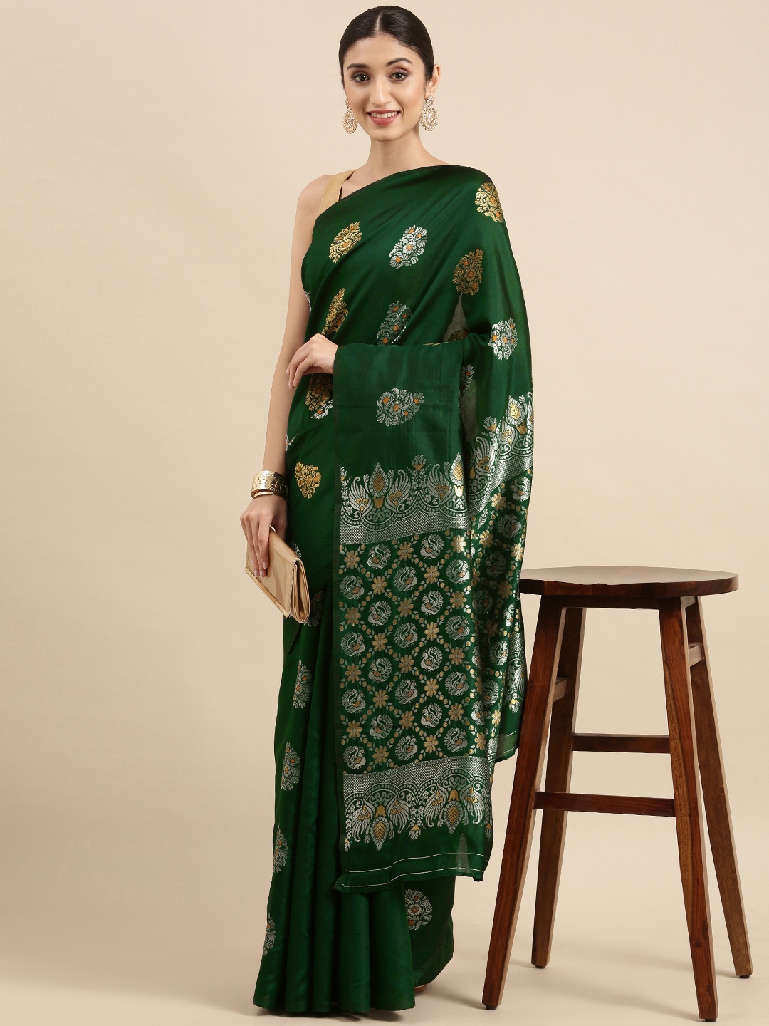 

Anouk Green & Grey Ethnic Motifs Woven Design Silk Blend Kanjeevaram Saree