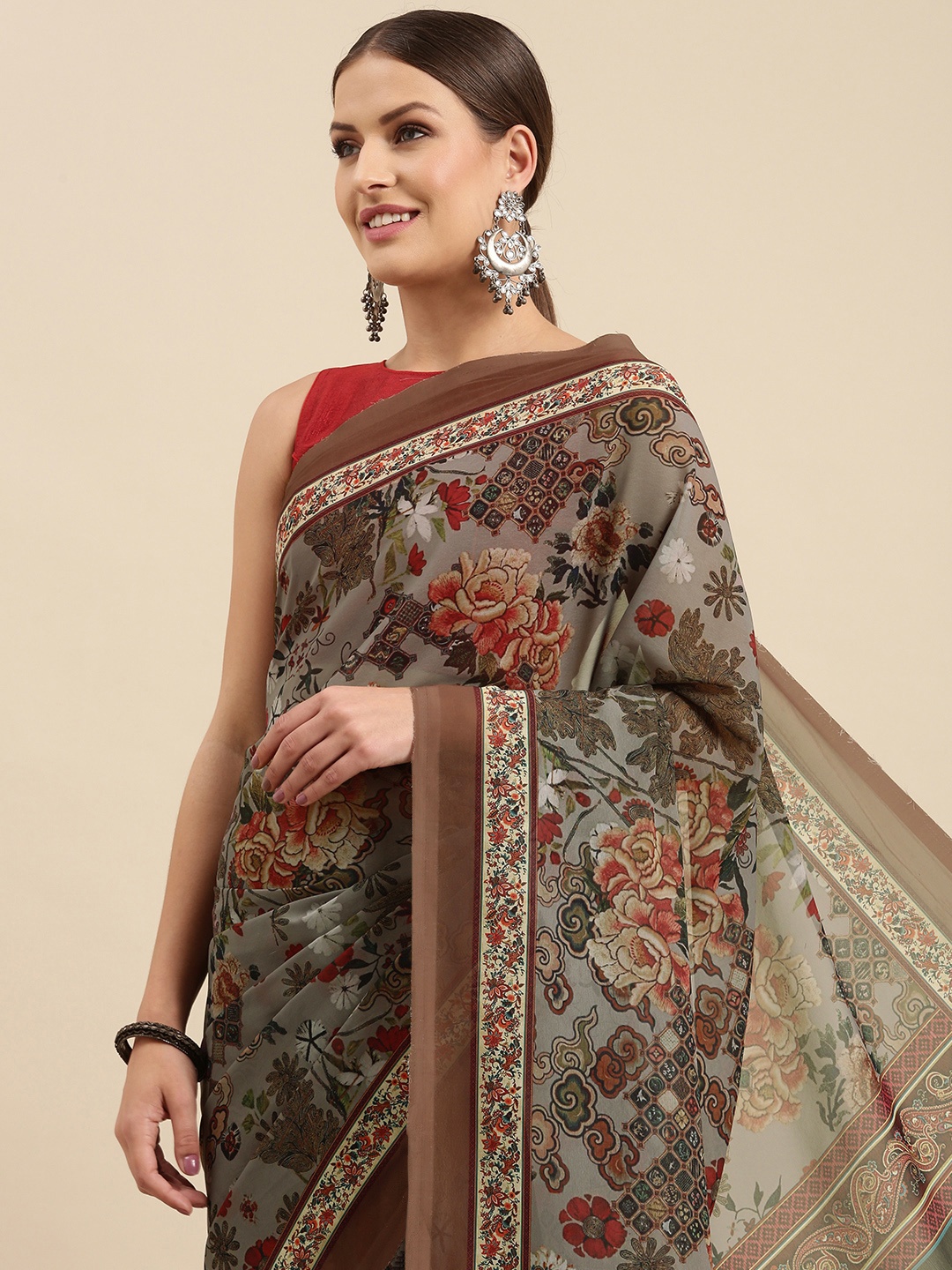 

Anouk Women Brown & Red Ethnic Motifs Printed Saree