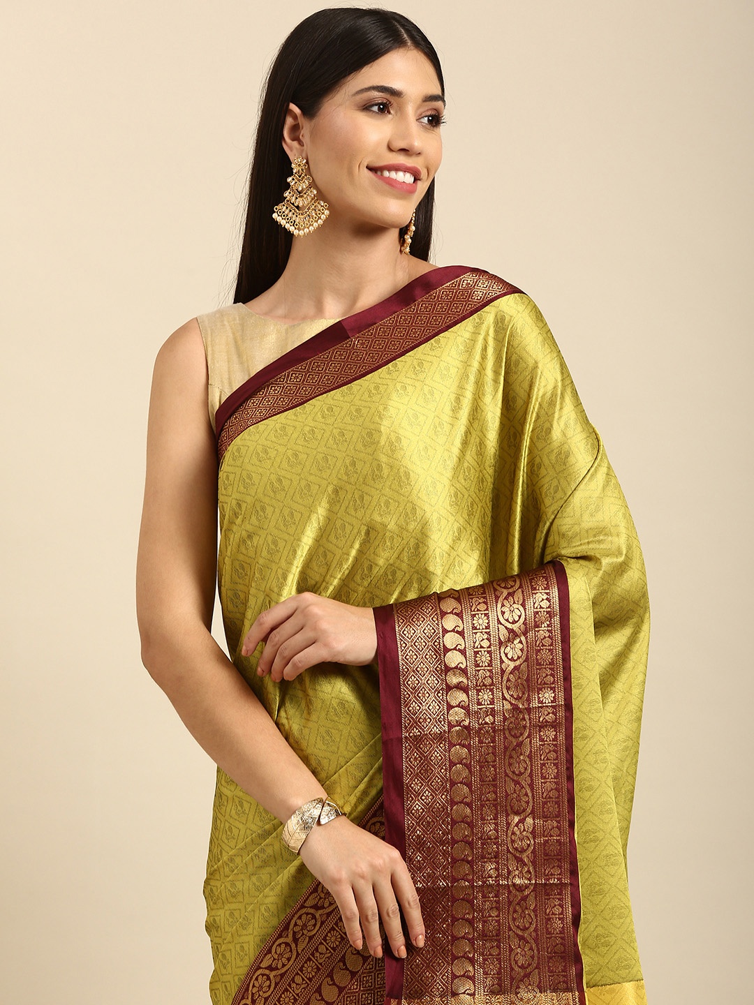 

Anouk Yellow & Maroon Woven Design Ethnic Motifs Silk Blend Banarasi Saree
