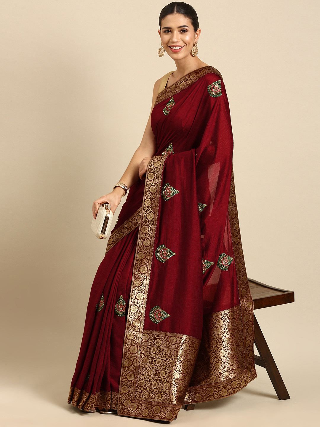 

Anouk Maroon & Green Woven Design Ethnic Motifs Embroidered Silk Blend Banarasi Saree