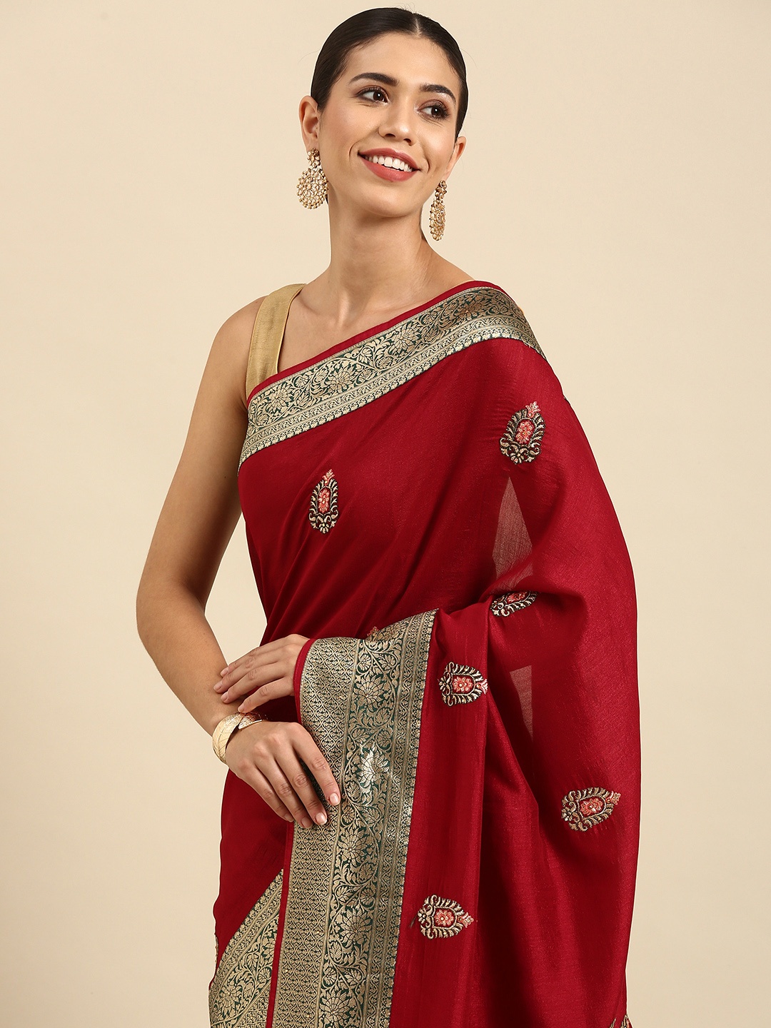 

Anouk Maroon & Gold-Toned Woven Design Ethnic Motifs Embroidered Silk Blend Banarasi Saree