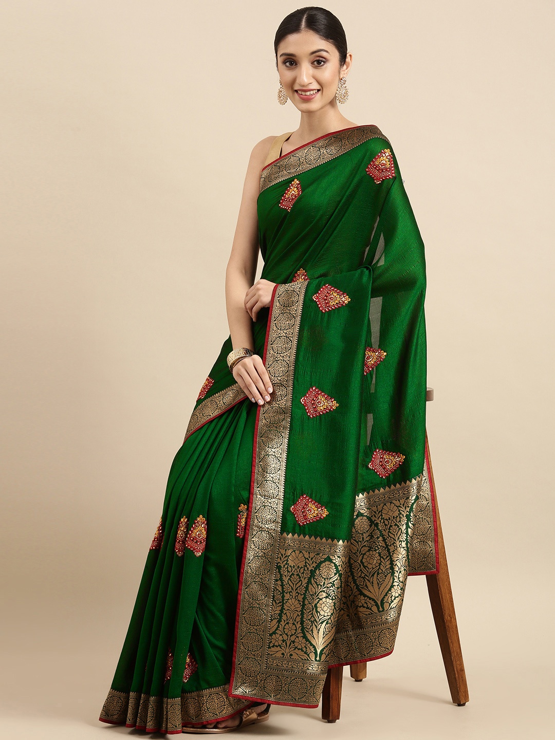 

Anouk Green & Red Woven Design Floral Embroidered Silk Blend Banarasi Saree