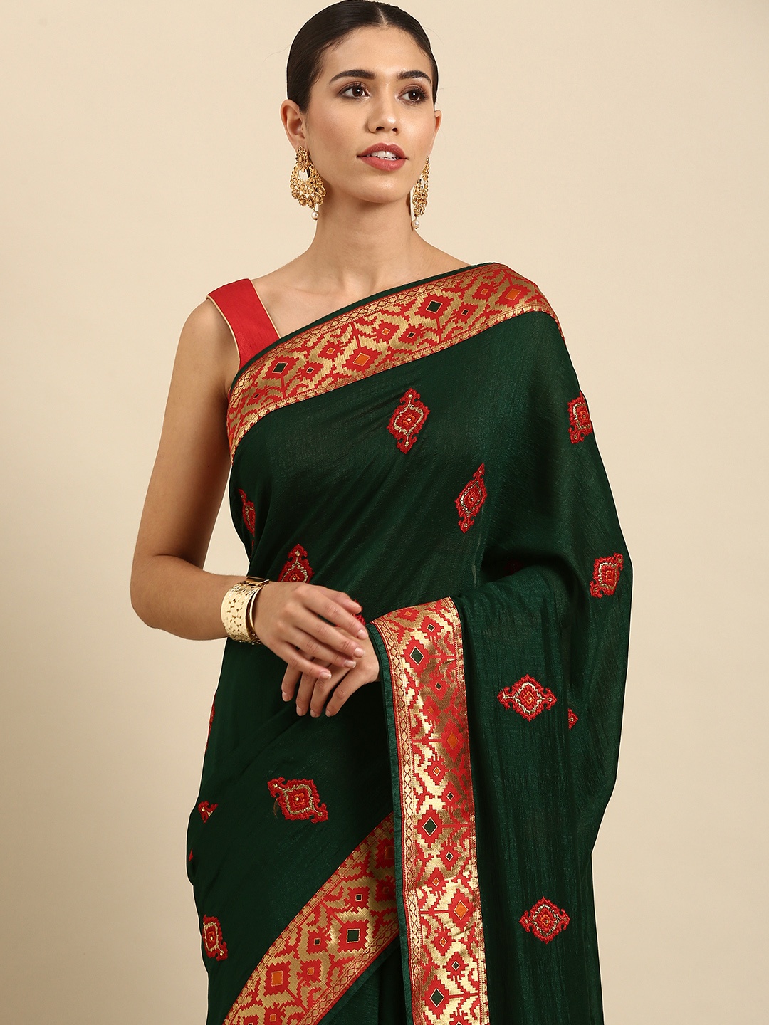 

Anouk Green & Maroon Woven Design Ethnic Motifs Embroidered Silk Blend Banarasi Saree