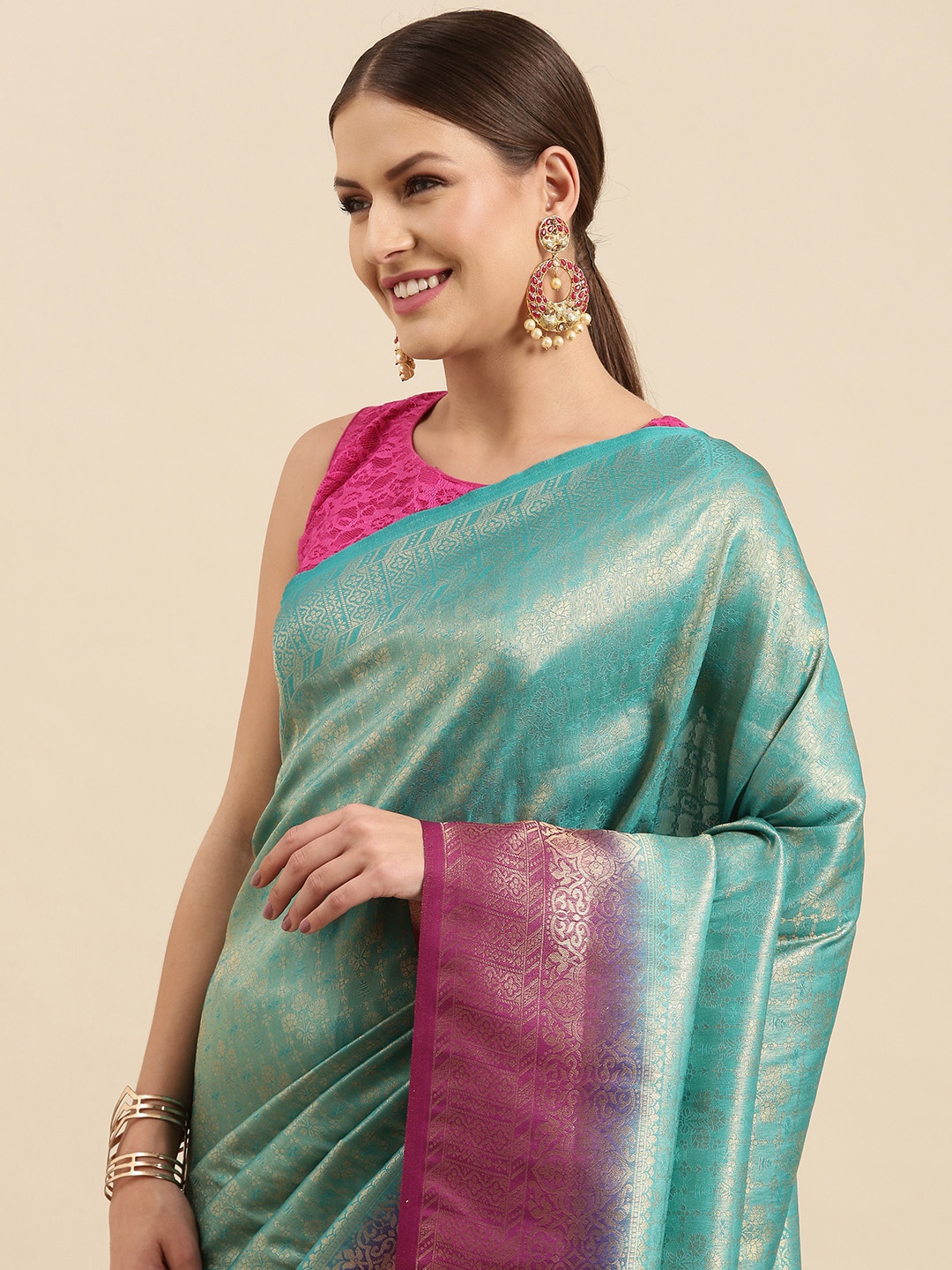 

Anouk Sea Green & Pink Ethnic Motifs Woven Design Silk Blend Banarasi Saree