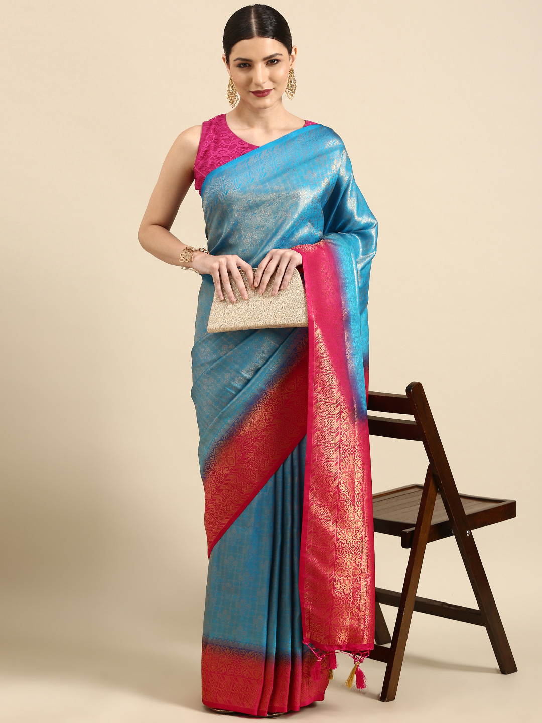 

Anouk Turquoise Blue & Pink Ethnic Motifs Woven Design Silk Blend Banarasi Saree