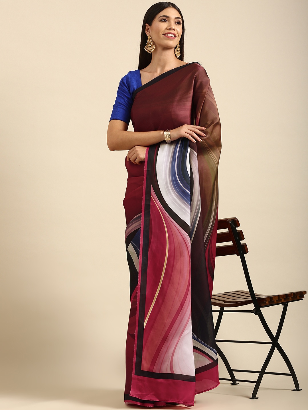 

Anouk Maroon & Multicoloured Satin Bhagalpuri Saree