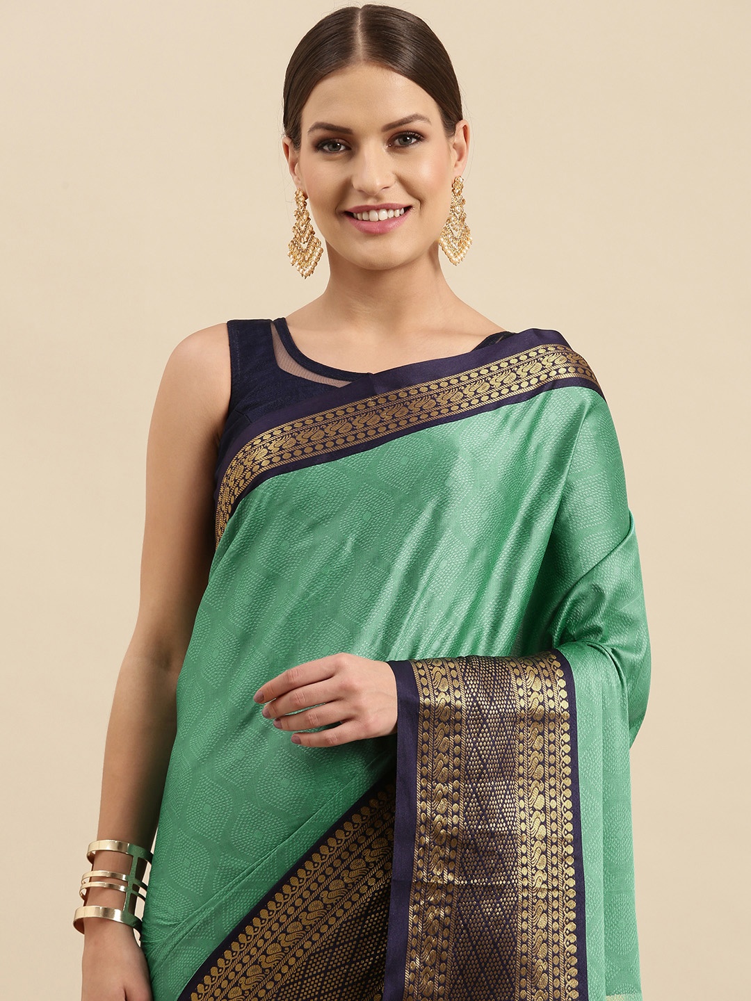 

Anouk Sea Green & Navy Blue Woven Design Ethnic Motifs Silk Blend Banarasi Saree
