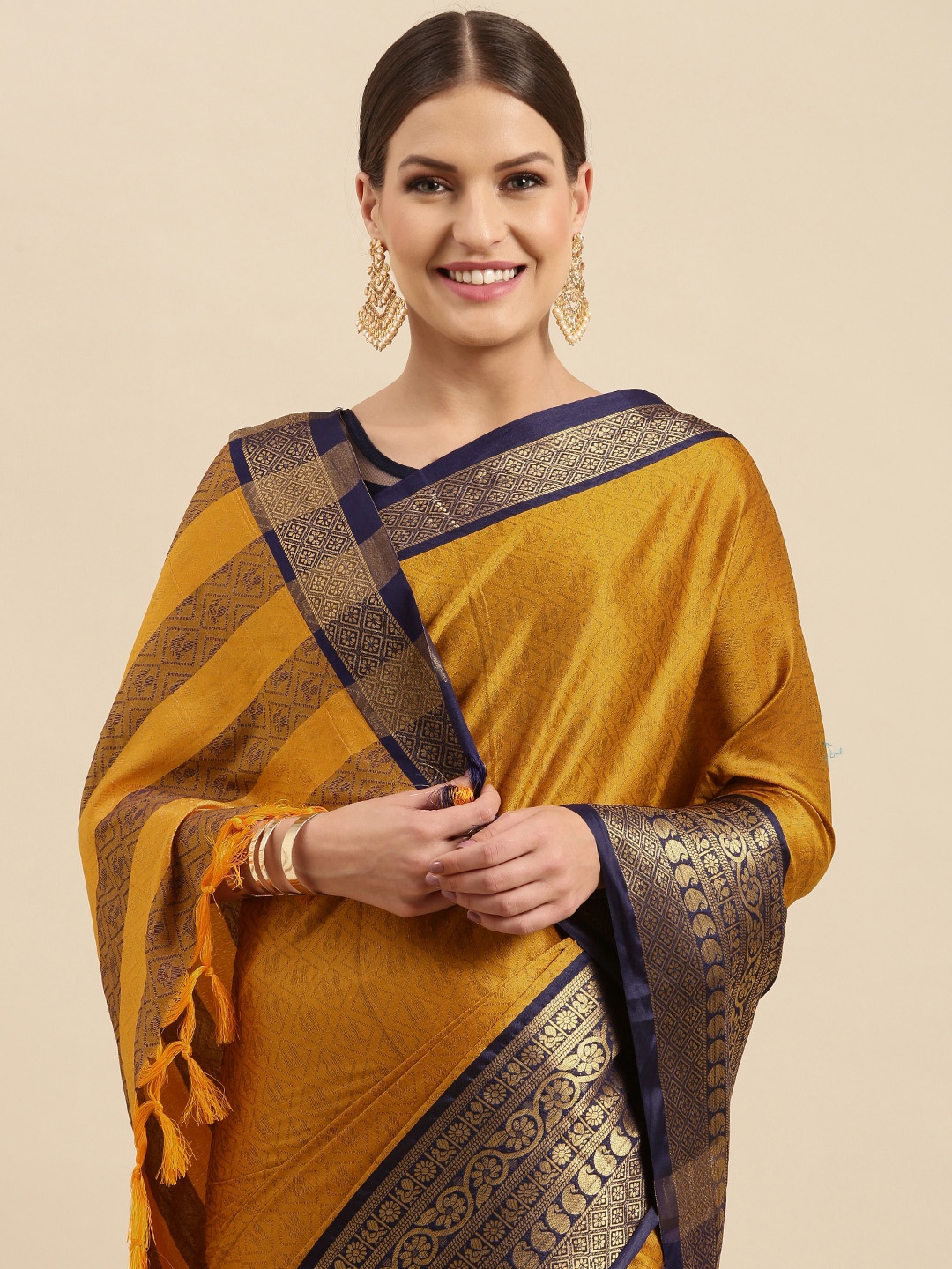 

Anouk Mustard & Navy Blue Woven Design Ethnic Motifs Silk Blend Banarasi Saree