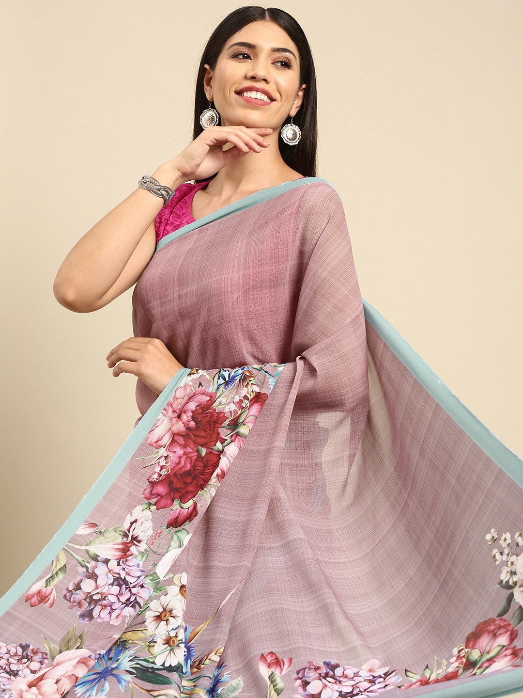 

Anouk Pink Floral Pure Georgette Bhagalpuri Saree