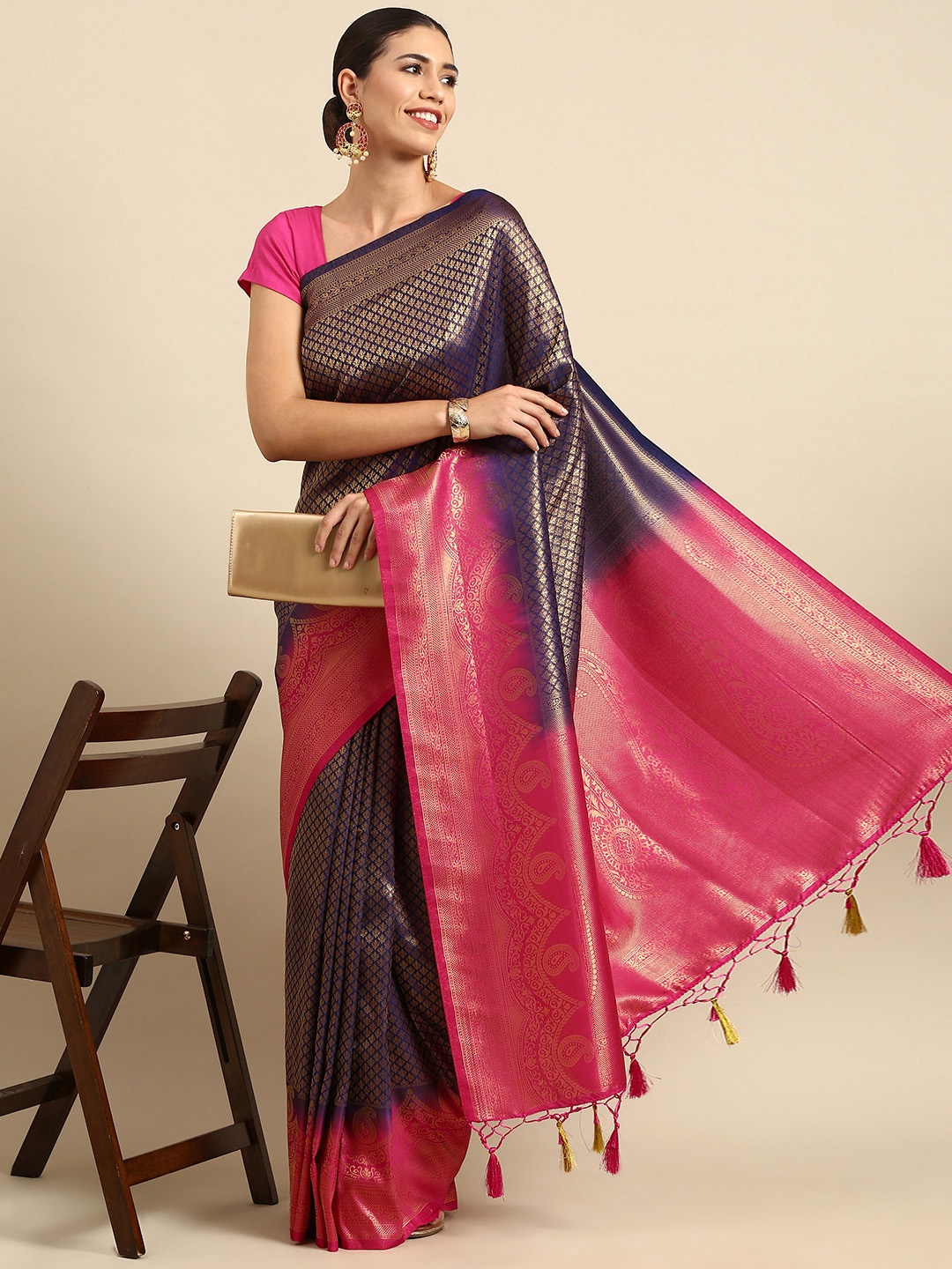 

Anouk Navy Blue & Pink Ethnic Motifs Woven Design Silk Blend Banarasi Saree