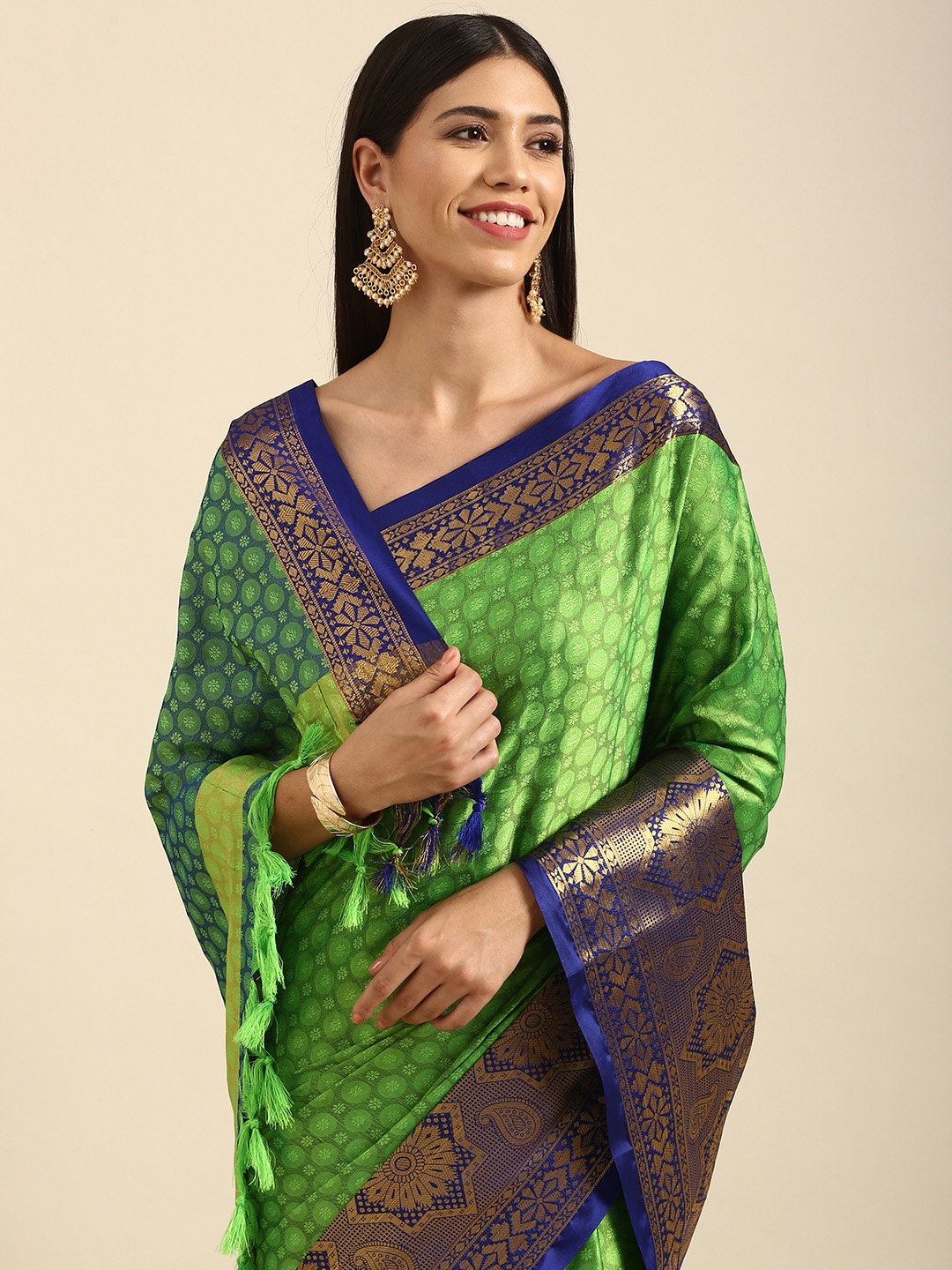 

Anouk Green & Navy Blue Ethnic Motifs Woven Design Silk Blend Banarasi Saree